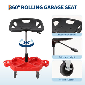 Sgabello da Meccanico con Ruote Garvee per Festa del Papà | 300 libbre, Altezza Regolabile 19-25", Seduta Ergonomica, Acciaio, Vassoio Utensili, Rosso Officina Auto