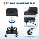 Garvee Sgabello Meccanico Regolabile 46-58 cm con Ruote 360° Bloccabili per Festa del Papà - Cuscino Morbido, Vassoio Attrezzi, Acciaio Robusto Nero Officina Garage - Repair Stool | Load Capacity 300 Lbs | 7.2 Kg | With Cushion | 3-Inch Wheels