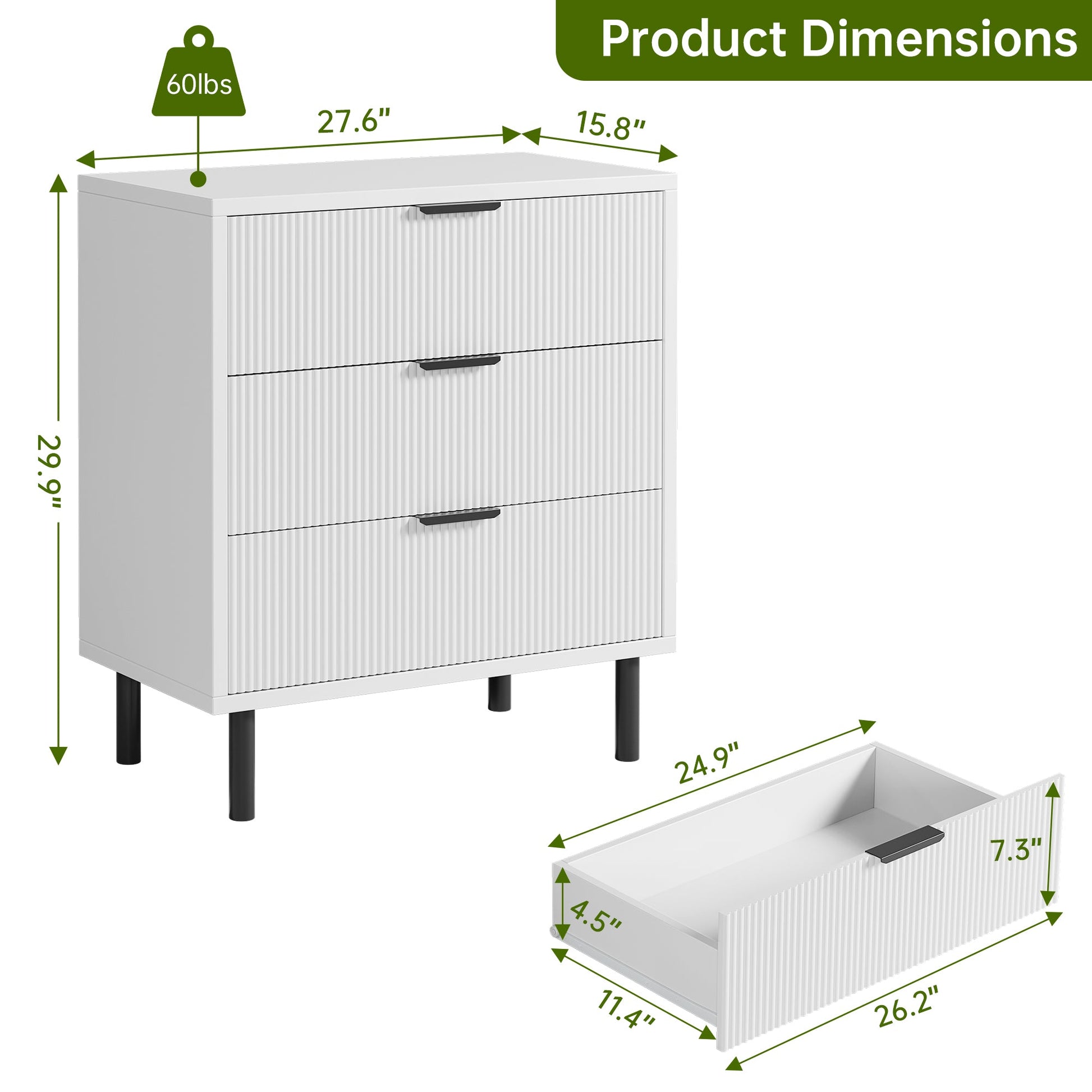Cassettiera Garvee Fluted a 3 cassetti con gambe in metallo, protezione antiribaltamento, camera da letto, 27,6x15,7x29,9 pollici, bianco