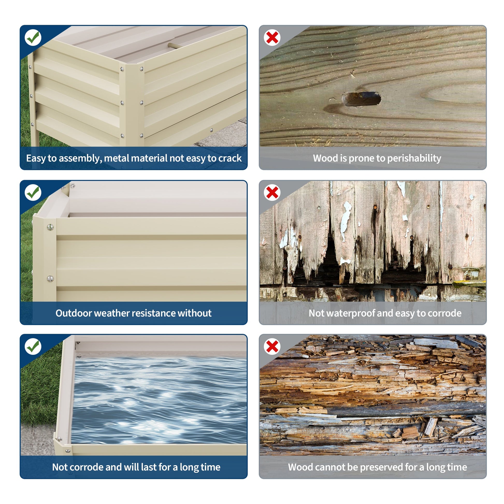 Aiuola rialzata in acciaio zincato Garvee con gambe, autoirrigante, in acciaio inox, beige, per giardino e patio, 50×17×32 pollici