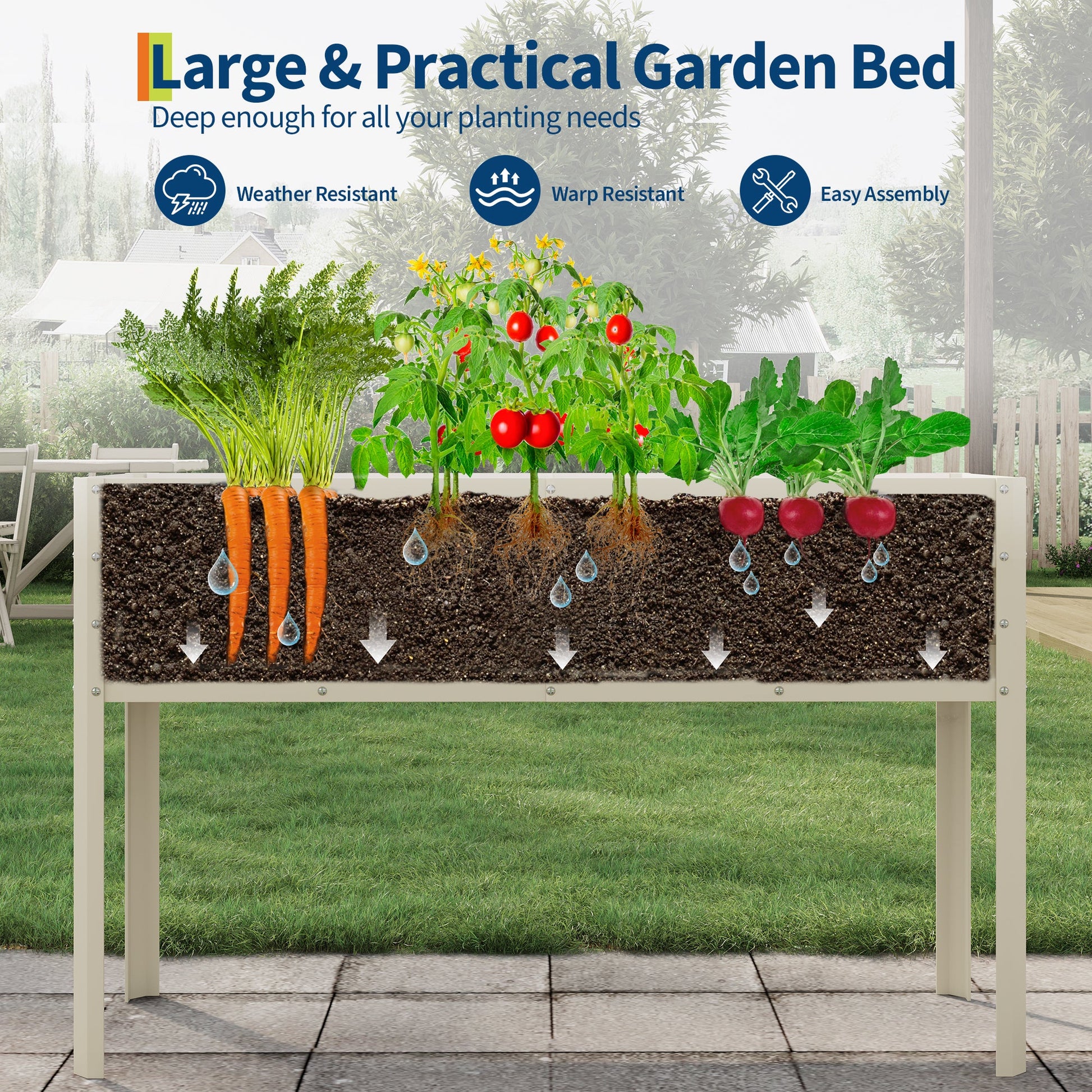 Aiuola rialzata in acciaio zincato Garvee con gambe, autoirrigante, in acciaio inox, beige, per giardino e patio, 50×17×32 pollici