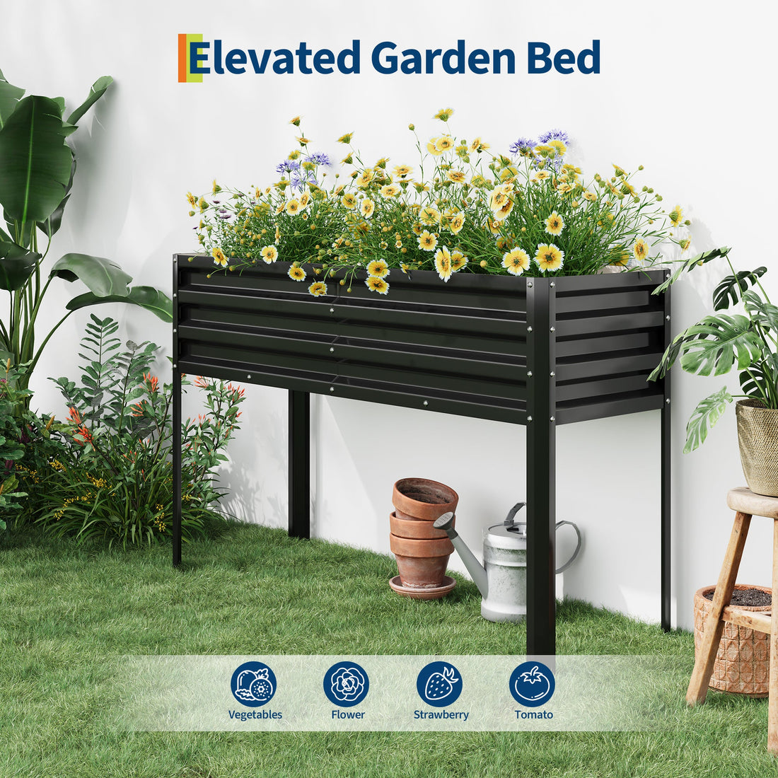 Aiuola rialzata in acciaio zincato Garvee con gambe, autoirrigante, modulare, 127×43.18×81.28 cm, nera, per giardino e patio