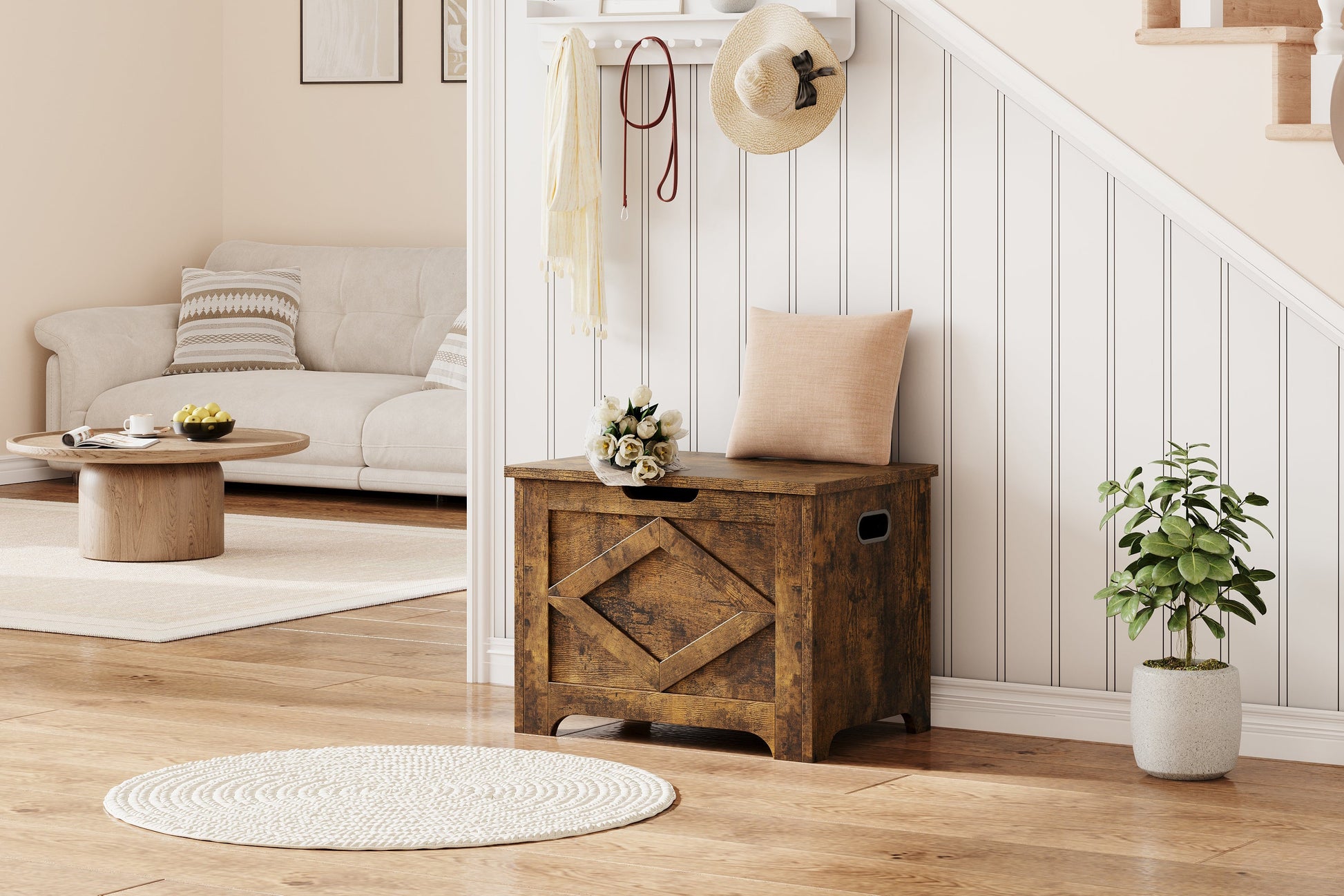 Panca portaoggetti in legno Garvee da 23,6" con sportello di sicurezza, ampio spazio di archiviazione per soggiorno e camera da letto, robusta, versatile, marrone