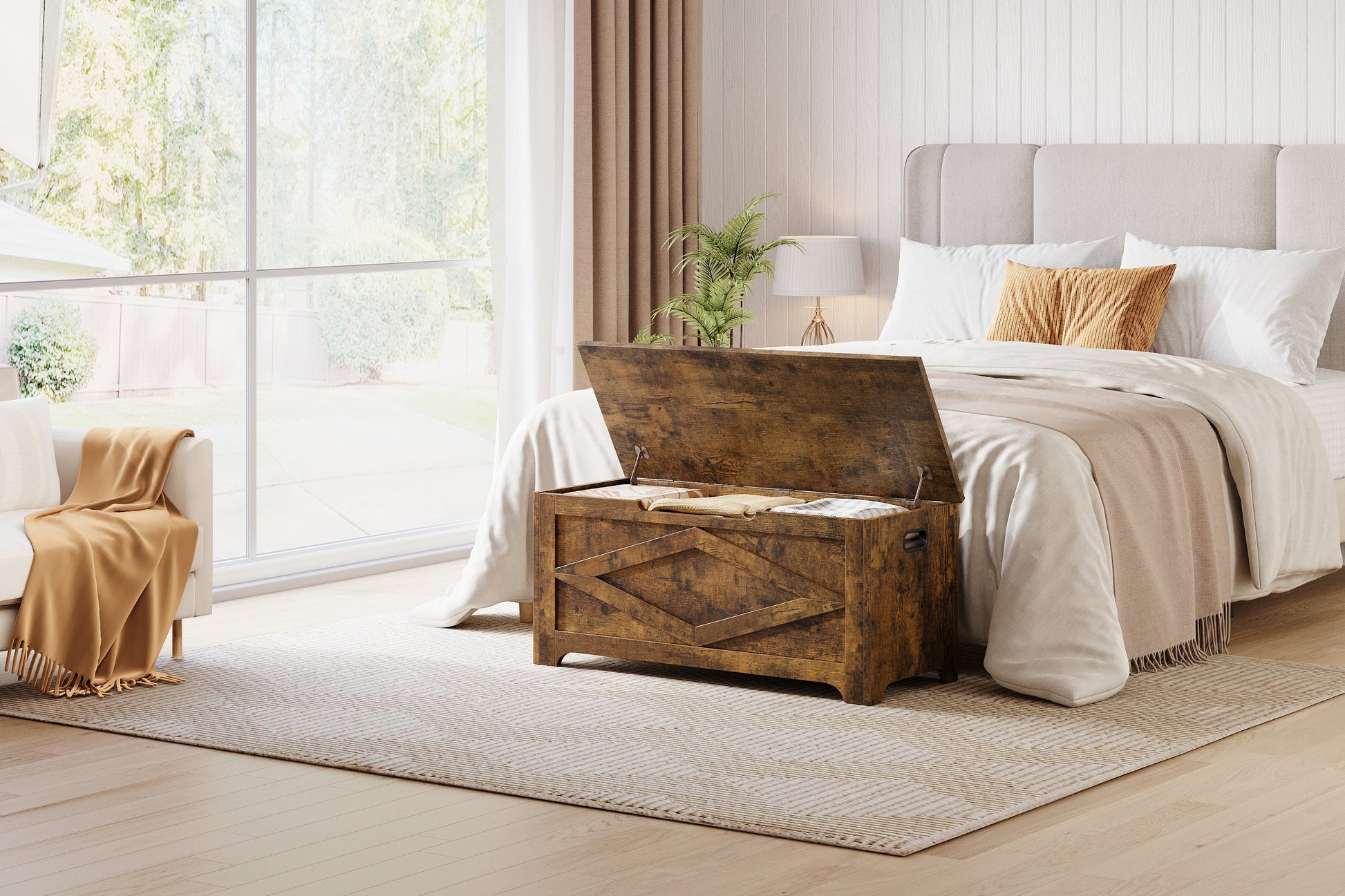 Panca portaoggetti in legno Garvee da 39,4" con cerniere di sicurezza, grande capacità per soggiorno e camera da letto, robusta, versatile, marrone