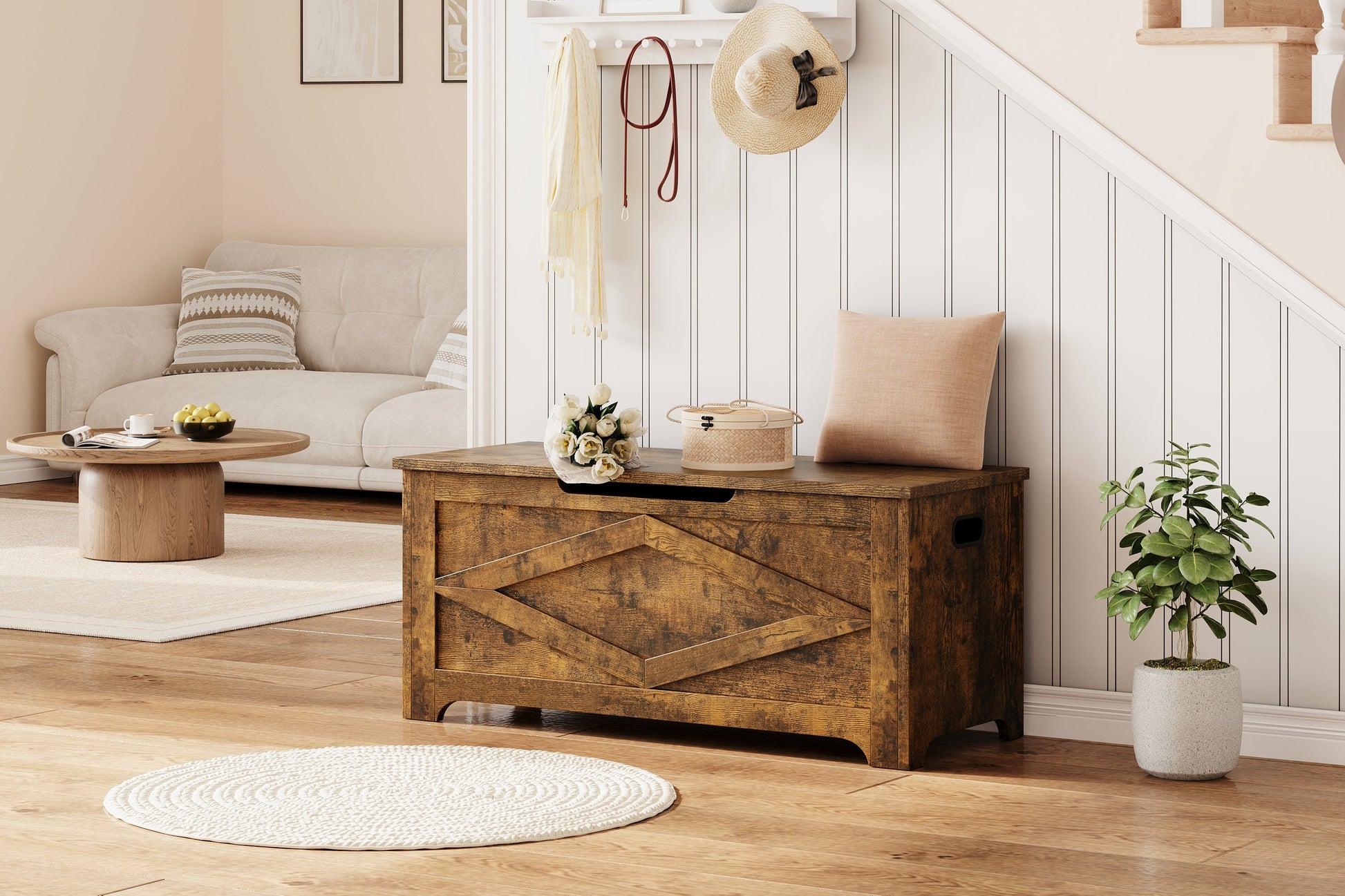 Panca portaoggetti in legno Garvee da 39,4" con cerniere di sicurezza, grande capacità per soggiorno e camera da letto, robusta, versatile, marrone