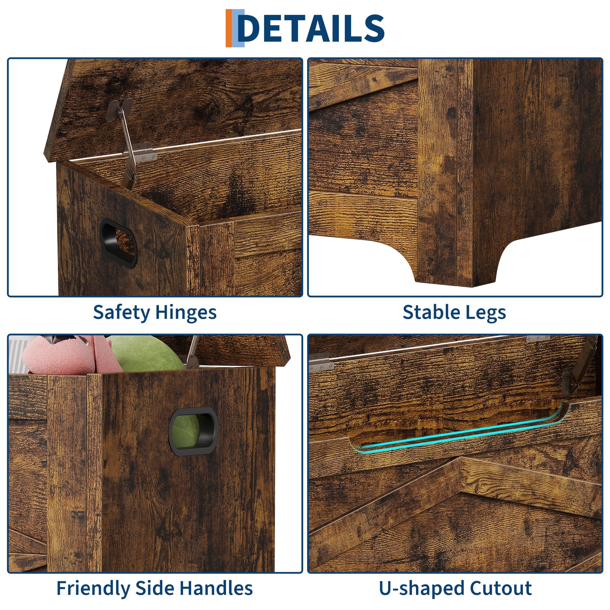 Panca portaoggetti in legno Garvee da 39,4" con cerniere di sicurezza, grande capacità per soggiorno e camera da letto, robusta, versatile, marrone