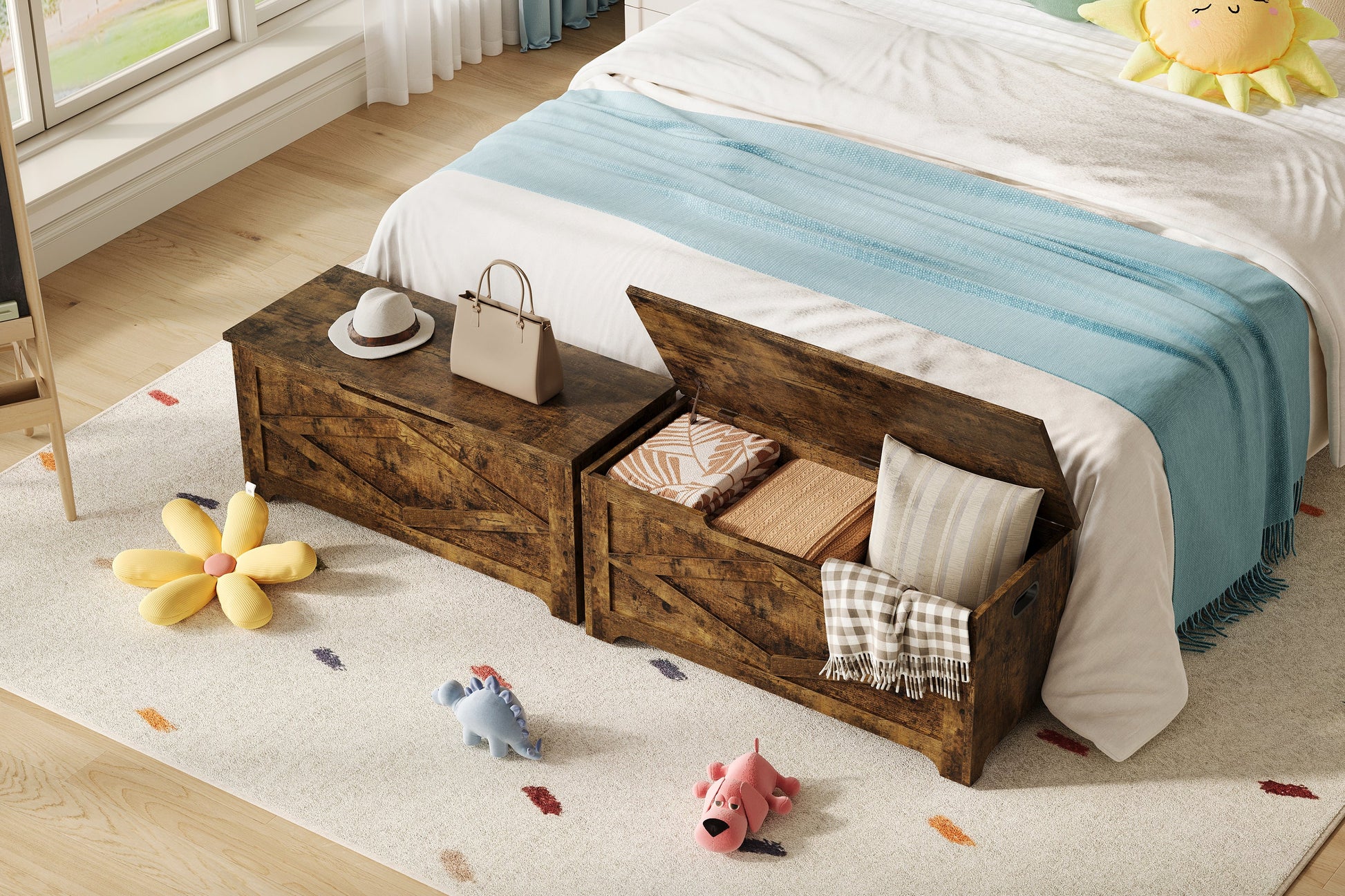 Panca portaoggetti in legno Garvee da 39,4" con cerniere di sicurezza, grande capacità per soggiorno e camera da letto, robusta, versatile, marrone