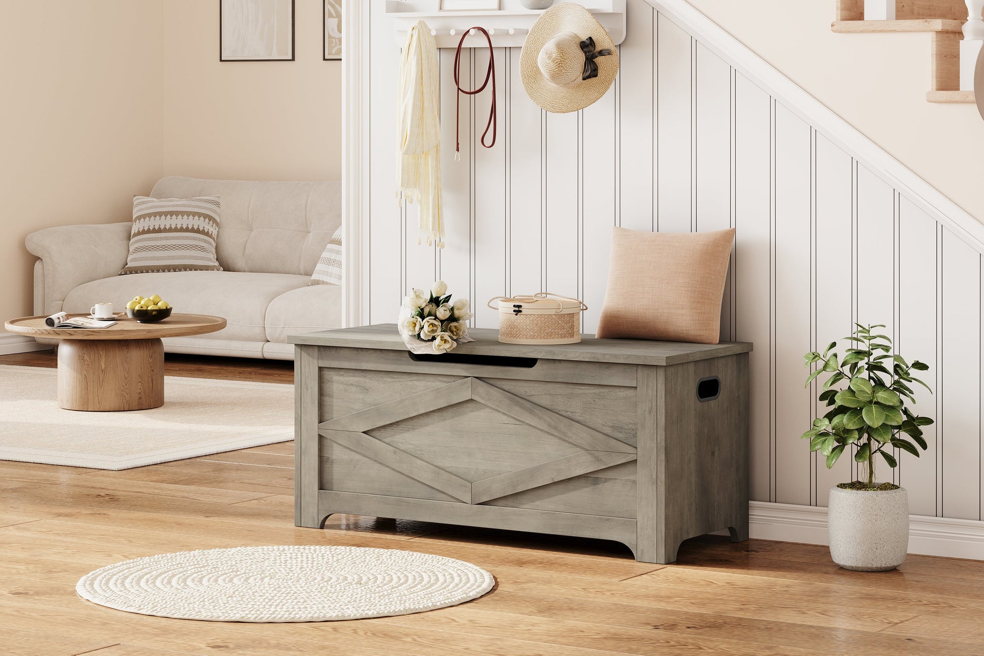 Panca portaoggetti in legno Garvee da 39,4" con cerniere di sicurezza, grande capacità, per soggiorno e camera da letto, robusta, versatile