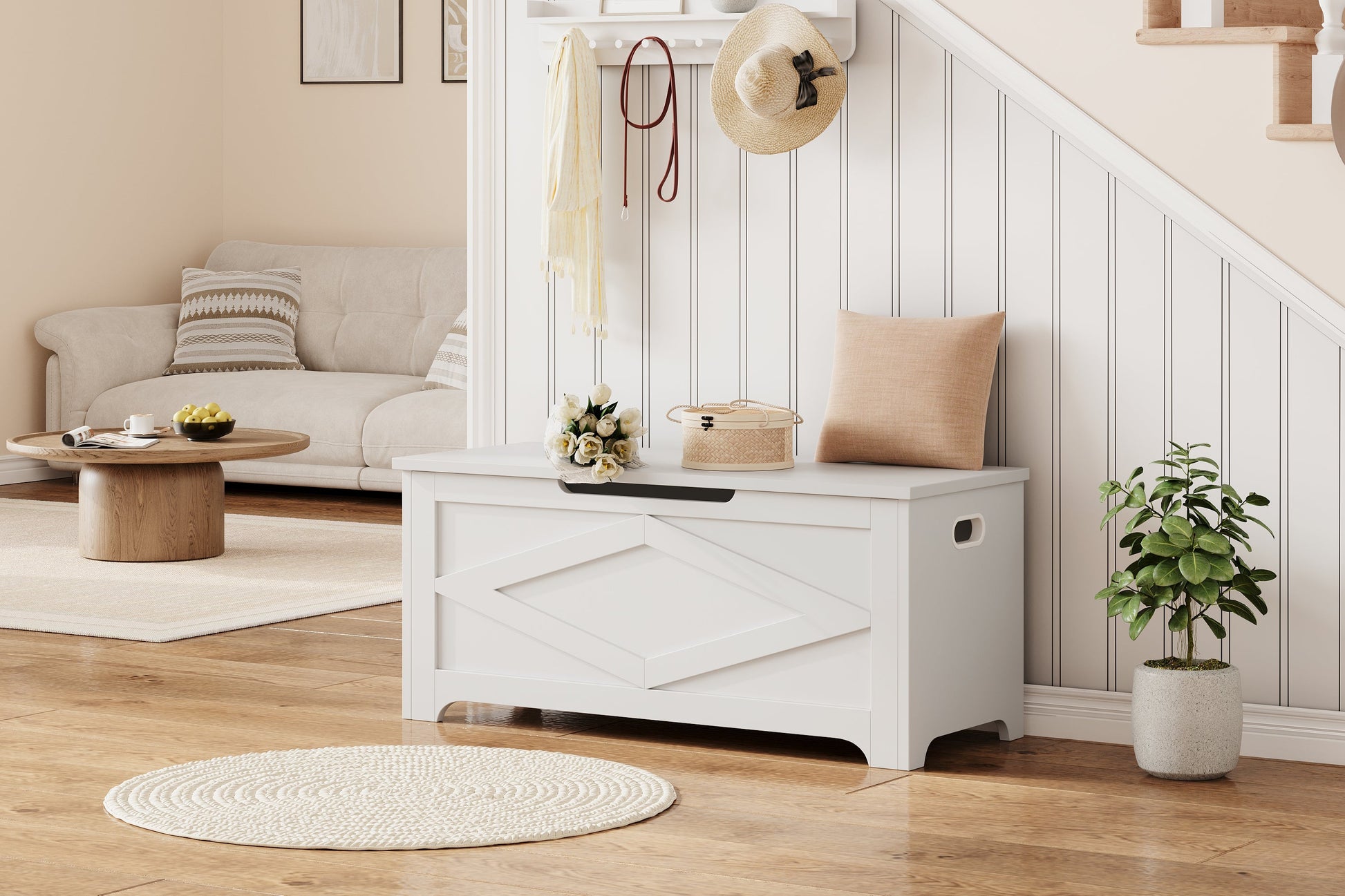 Panca portaoggetti Garvee da 39,4" con cerniere di sicurezza, grande cassapanca in legno per soggiorno e camera da letto, robusta, versatile, marrone