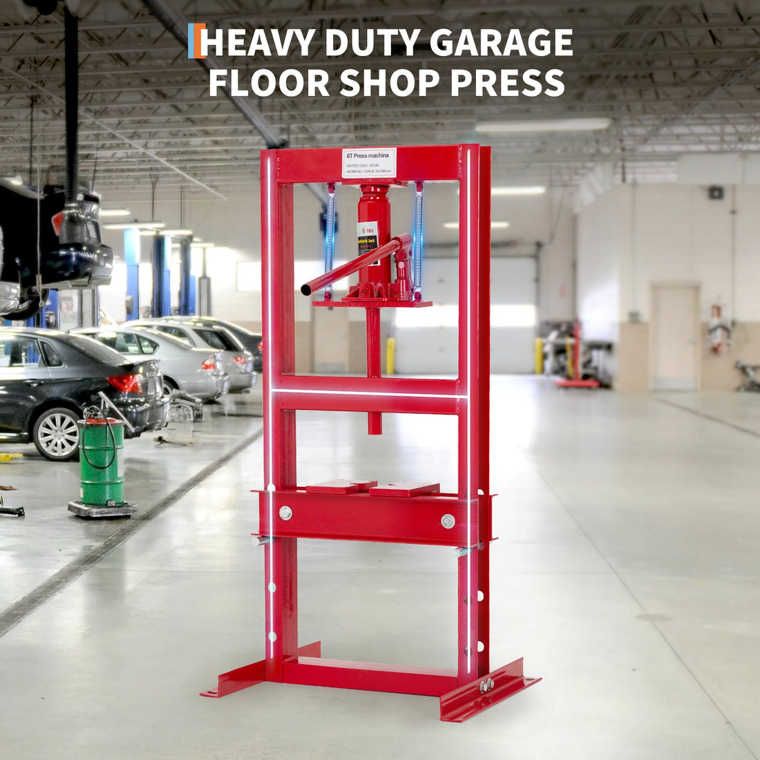 Pressa idraulica Garvee da 6 tonnellate con telaio a H e tavolo regolabile in acciaio al carbonio verniciato a polvere per officina e garage