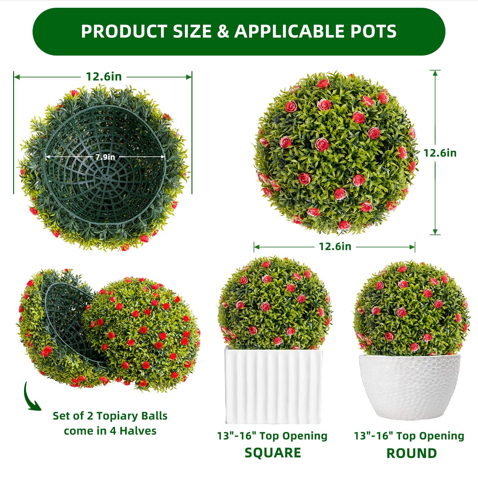 Garvee 12,6" palle di bosso artificiali con fiori rossi per decorazioni da balcone e giardino, verdi, resistenti alle intemperie, facili da curare
