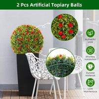 Garvee 12,6" palle di bosso artificiali con fiori rossi per decorazioni da balcone e giardino, verdi, resistenti alle intemperie, facili da curare