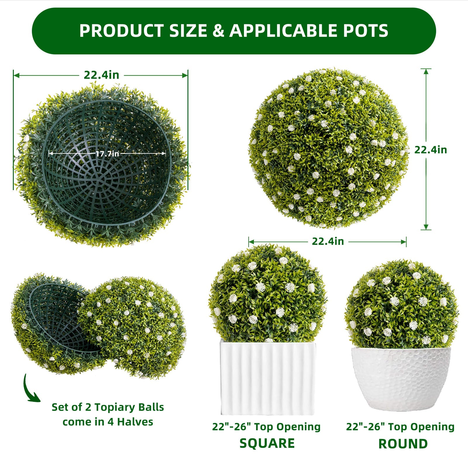 Garvee - Set di 2 sfere di bosso artificiale da 22,4" bianche con anello per appendere, per balcone e giardino, materiale PE resistente ai raggi UV, senza manutenzione