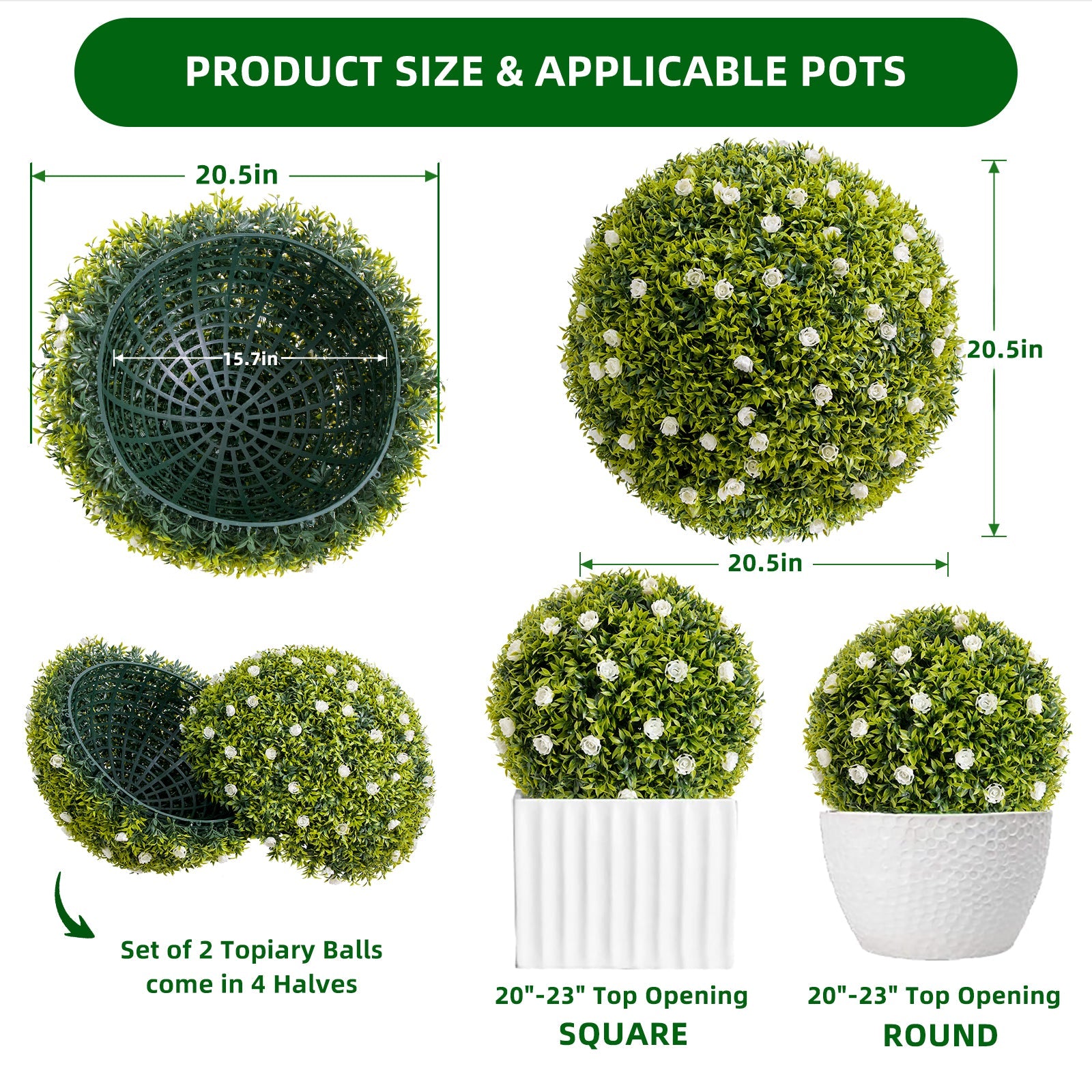 Garvee - Set di 2 palline di bosso artificiale da 20,5" con fiori bianchi per balcone e giardino, materiale PE verde, esente da manutenzione