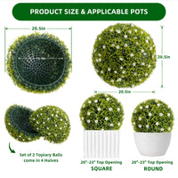 Garvee - Set di 2 palline di bosso artificiale da 20,5" con fiori bianchi per balcone e giardino, materiale PE verde, esente da manutenzione