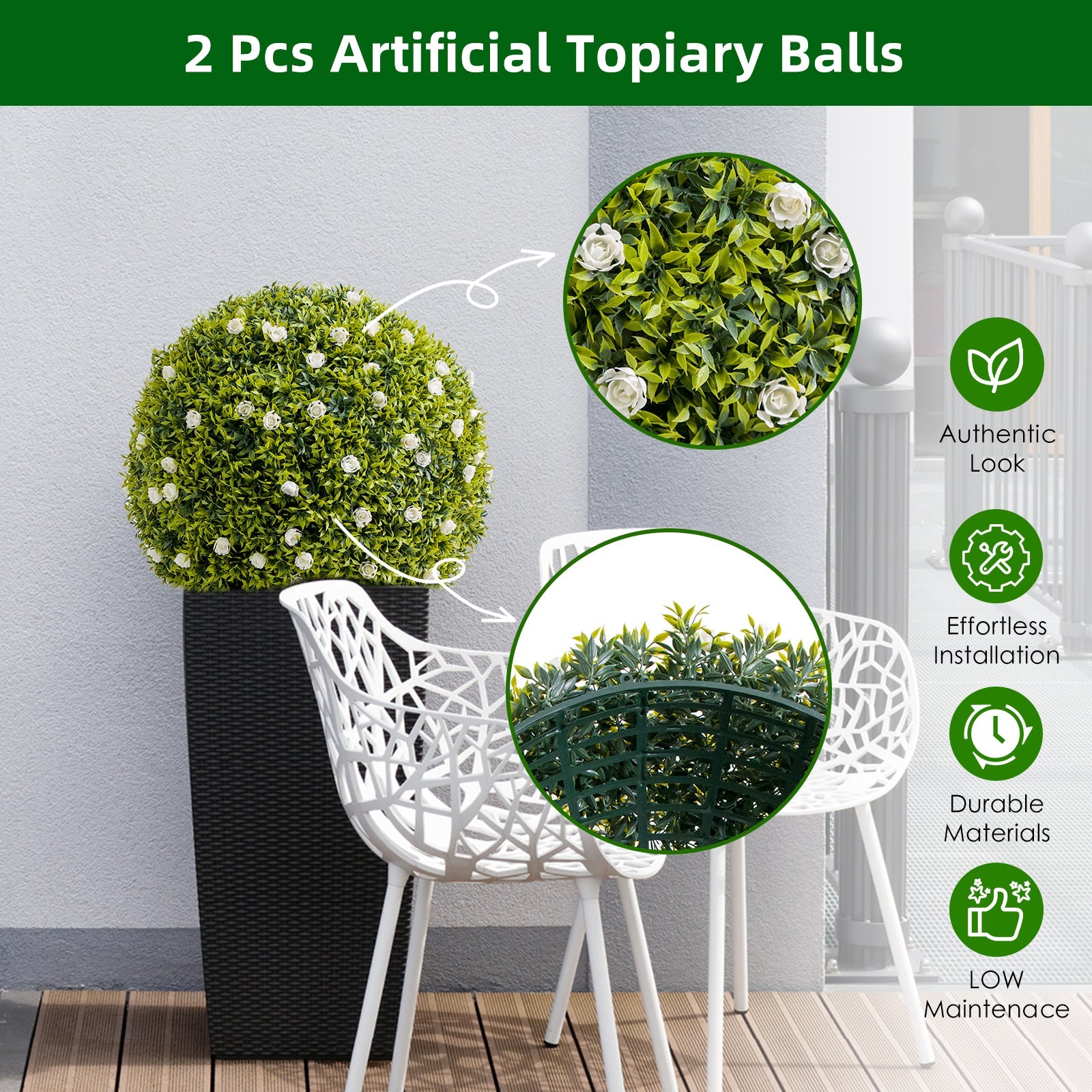 Garvee - Set di 2 palline di bosso artificiale da 20,5" con fiori bianchi per balcone e giardino, materiale PE verde, esente da manutenzione