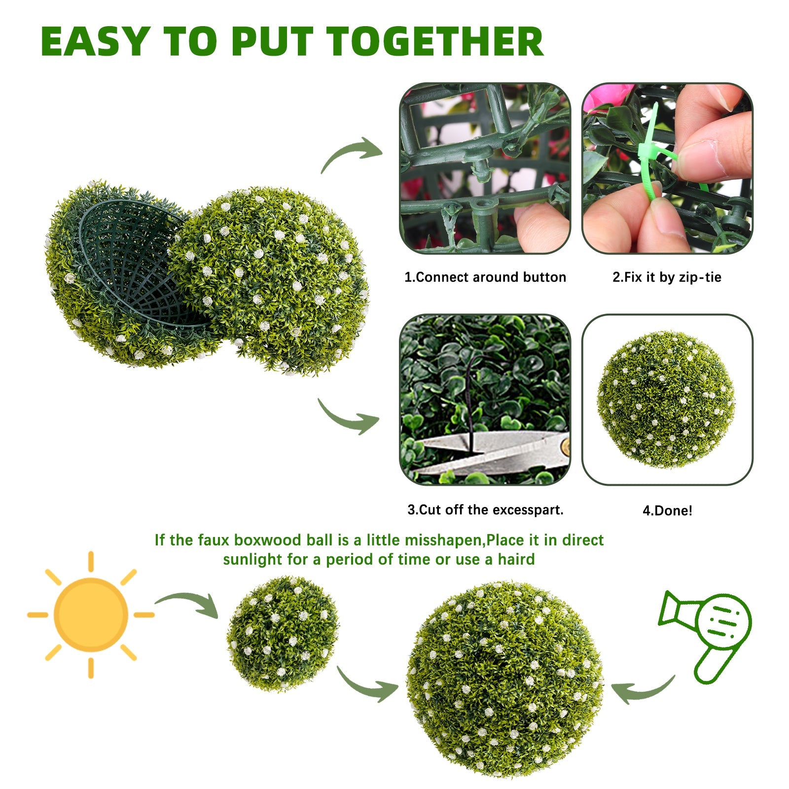 Garvee - Set di 2 palline di bosso artificiale da 20,5" con fiori bianchi per balcone e giardino, materiale PE verde, esente da manutenzione