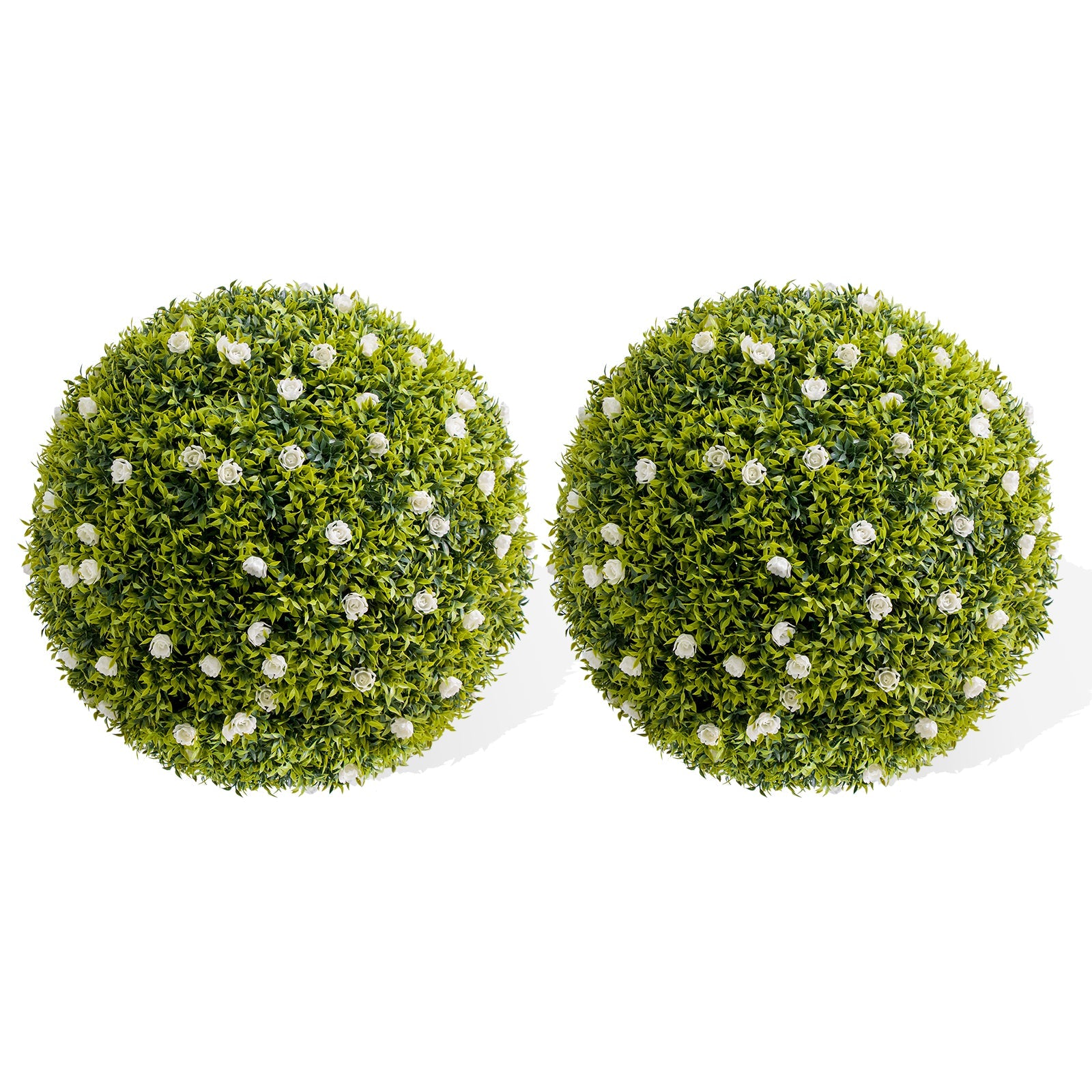 Garvee - Set di 2 palline di bosso artificiale da 16,5" con fiori bianchi per balcone e giardino, materiale PE durevole e che non richiede manutenzione, verde