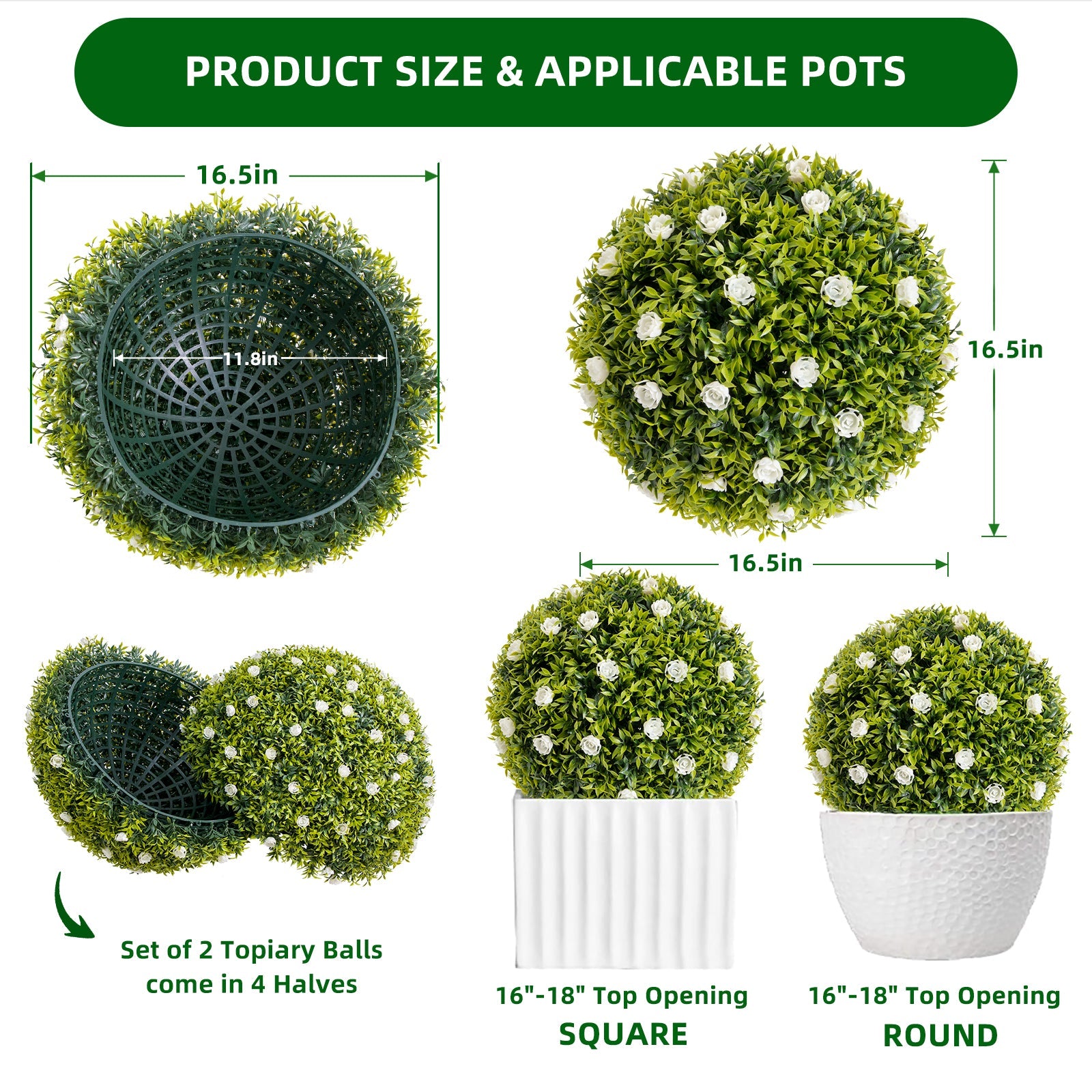 Garvee - Set di 2 palline di bosso artificiale da 16,5" con fiori bianchi per balcone e giardino, materiale PE durevole e che non richiede manutenzione, verde