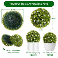 Garvee - Set di 2 palline di bosso artificiale da 16,5" con fiori bianchi per balcone e giardino, materiale PE durevole e che non richiede manutenzione, verde