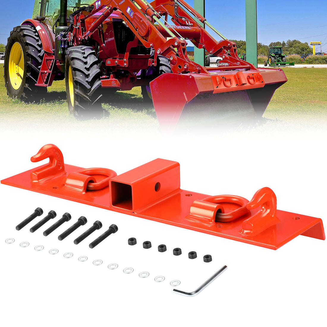 Gancio per trattore Garvee, ricevitore da 2", capacità di sollevamento di 4700 libbre, montaggio a bullone, acciaio, acciaio inossidabile, set completo per benne da 53-72" arancione