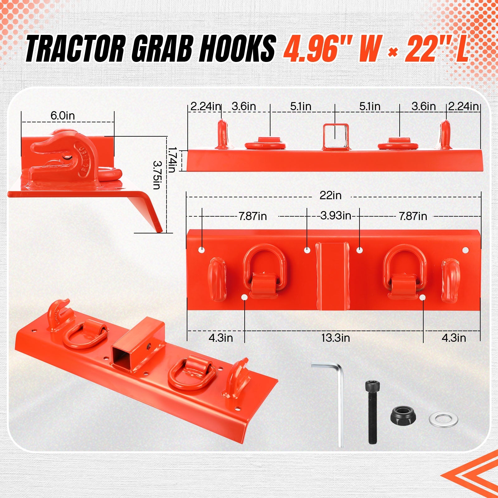 Gancio per trattore Garvee, ricevitore da 2", capacità di sollevamento di 4700 libbre, montaggio a bullone, acciaio, acciaio inossidabile, set completo per benne da 53-72" arancione
