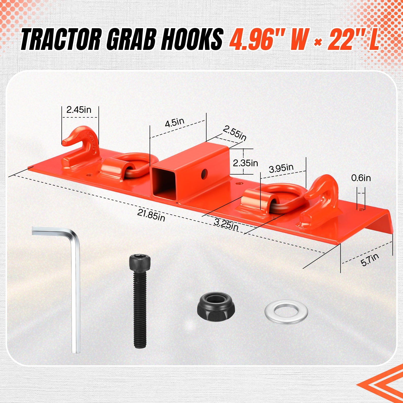 Gancio per trattore Garvee, ricevitore da 2", capacità di sollevamento di 4700 libbre, montaggio a bullone, acciaio, acciaio inossidabile, set completo per benne da 53-72" arancione