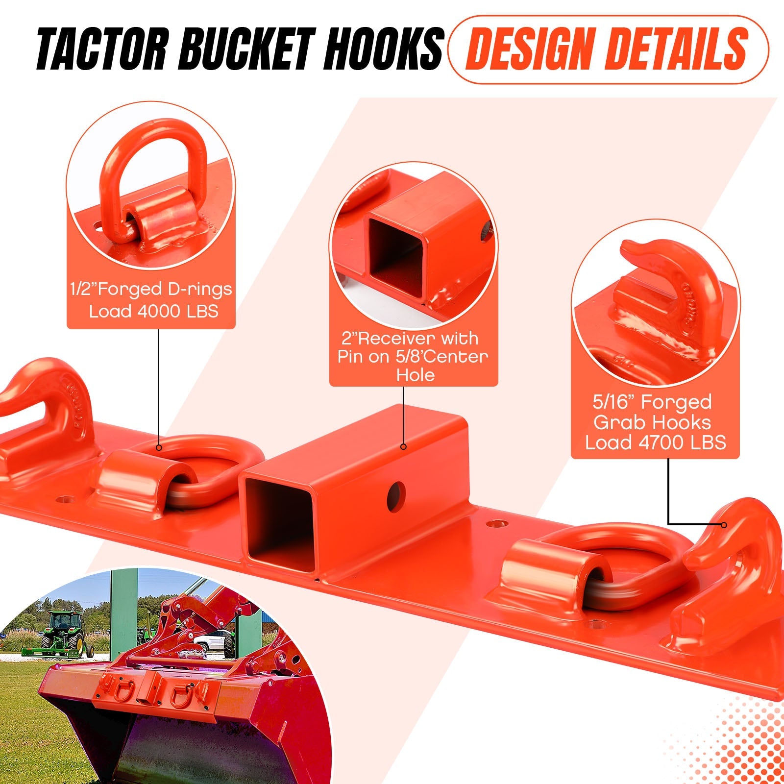 Gancio per trattore Garvee, ricevitore da 2", capacità di sollevamento di 4700 libbre, montaggio a bullone, acciaio, acciaio inossidabile, set completo per benne da 53-72" arancione