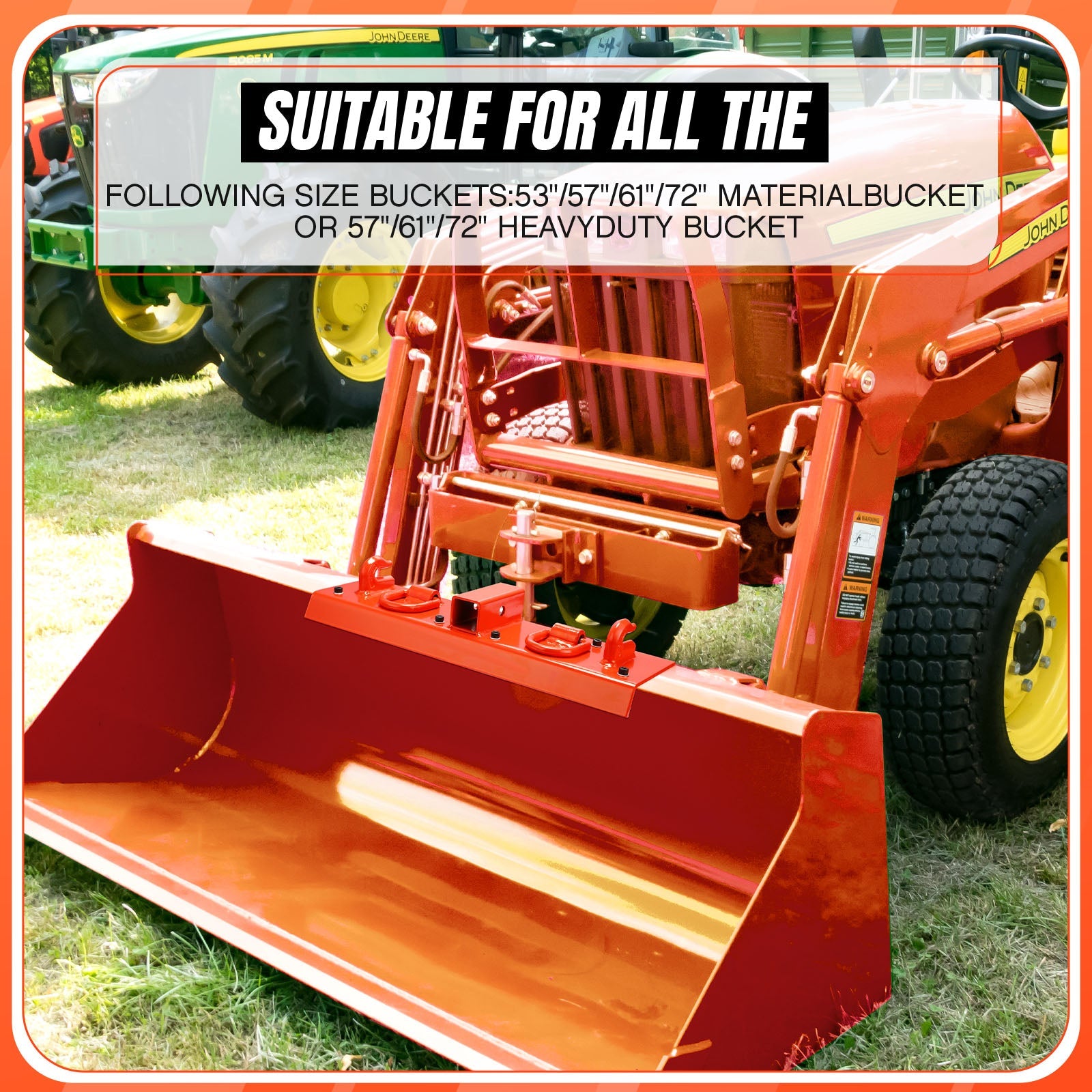 Gancio per trattore Garvee, ricevitore da 2", capacità di sollevamento di 4700 libbre, montaggio a bullone, acciaio, acciaio inossidabile, set completo per benne da 53-72" arancione