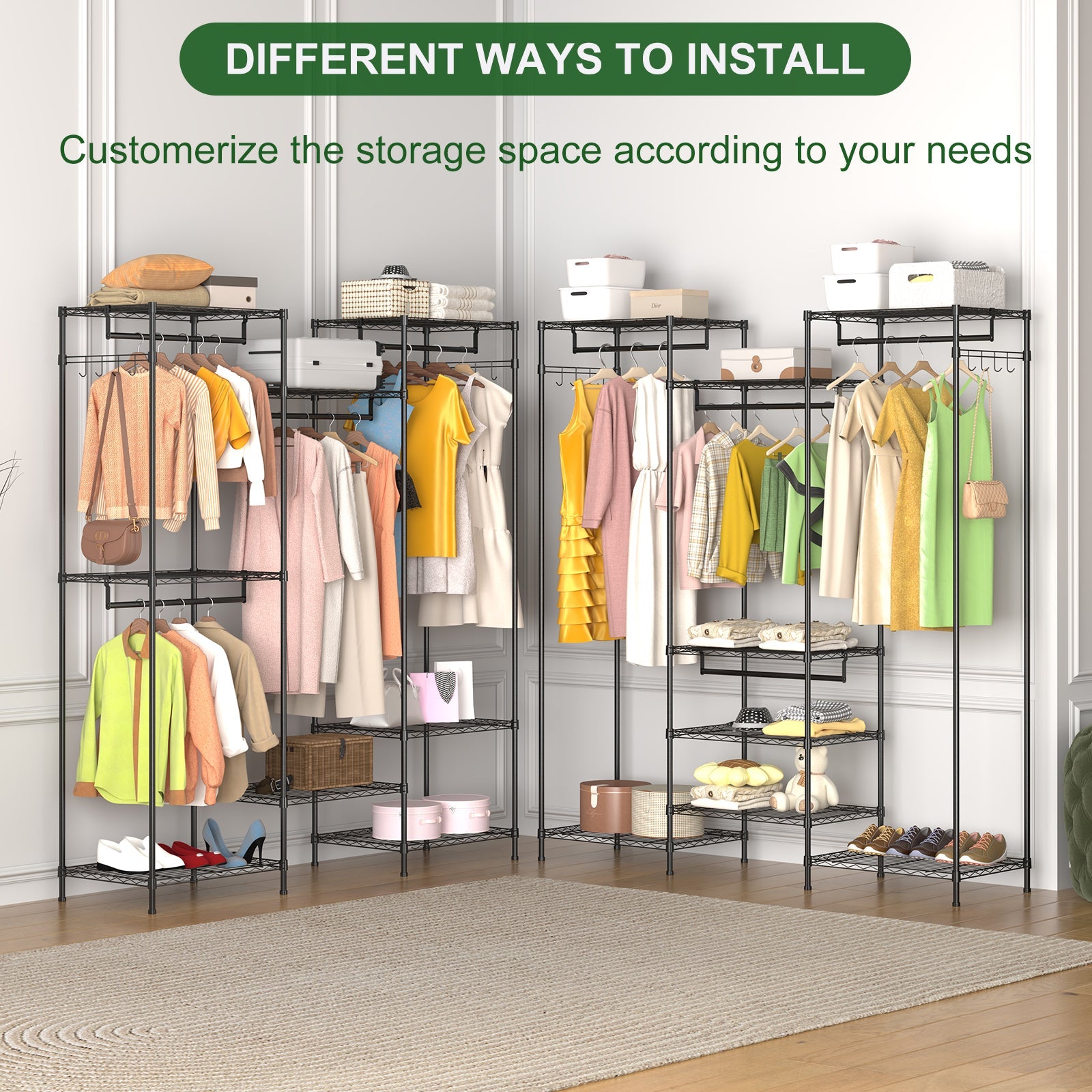 Garvee, appendiabiti robusto con ripiani regolabili e barre appendiabiti, in acciaio, antiruggine, indipendente, portatile per camera da letto e ingresso, grande, argento