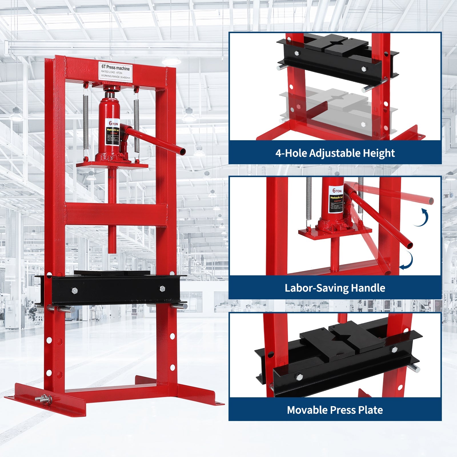 Pressa Idraulica Garvee 6 Tonnellate H-Frame, Altezza Regolabile e Valvola Sicurezza - Regalo Perfetto per Festa del Papà in Officina, Acciaio Nero