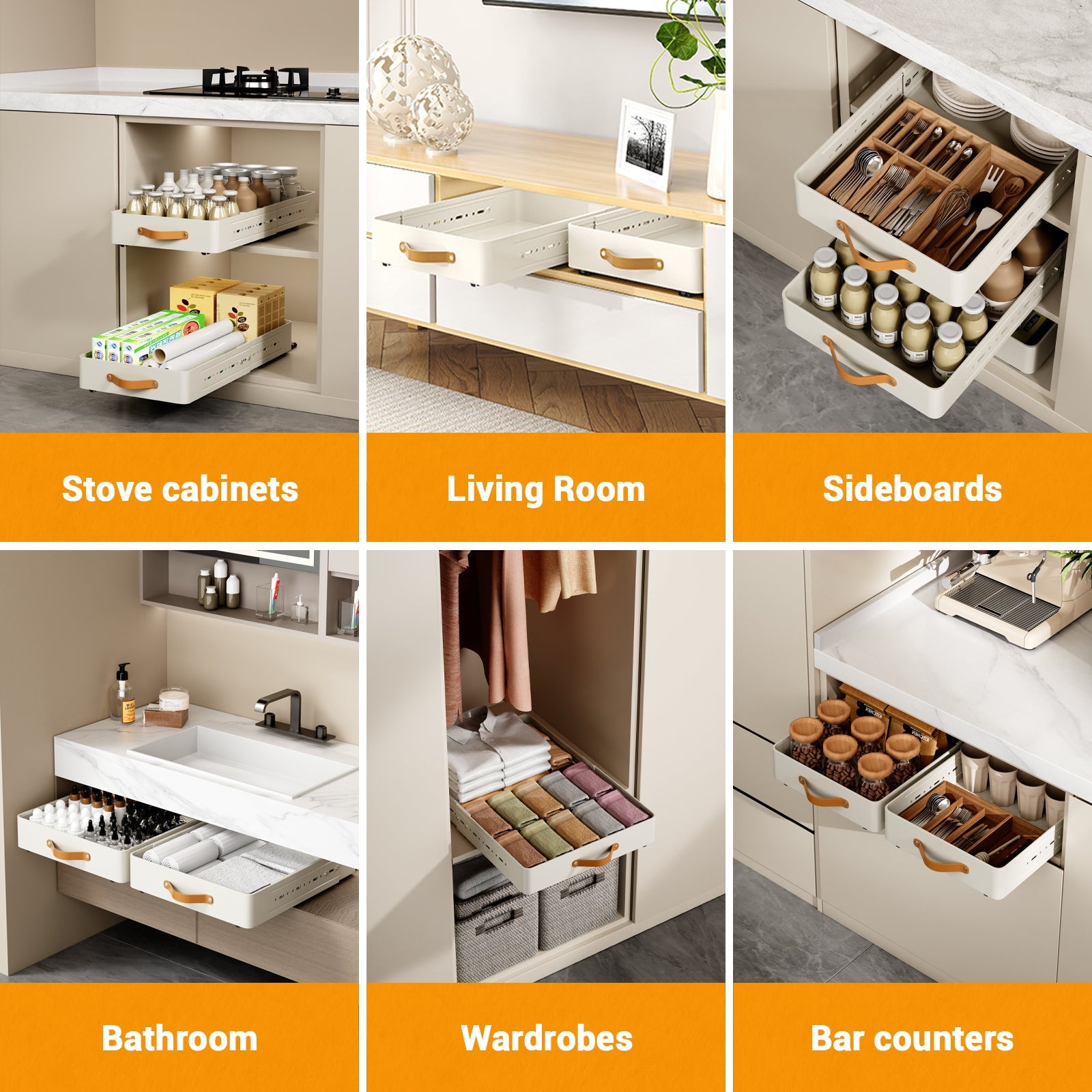 Garvee Organizer telescopico in metallo estraibile per cucina e bagno, profondità 41-60 cm, bianco, regolabile