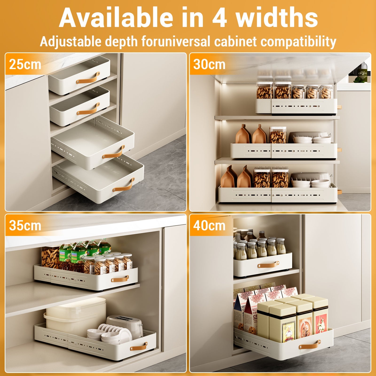 Garvee, organizer telescopico in metallo con cassetto estraibile, regolabile, profondità 41–60 cm x larghezza 30 cm x altezza 7,8 cm, bianco, per cucina e bagno