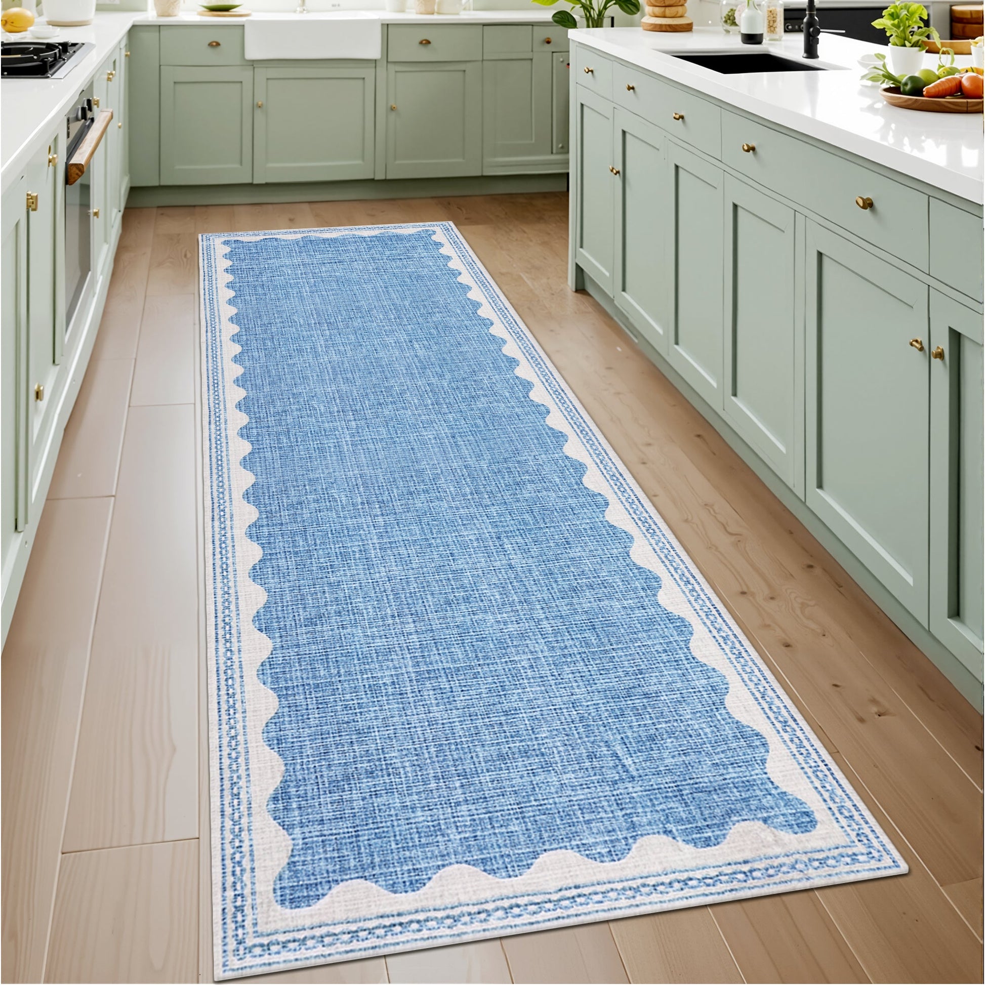 Tappeto lavabile per camera da letto Garvee 80x150 cm, antiscivolo, moderno motivo a onde, tappetino a pelo corto per soggiorno, blu