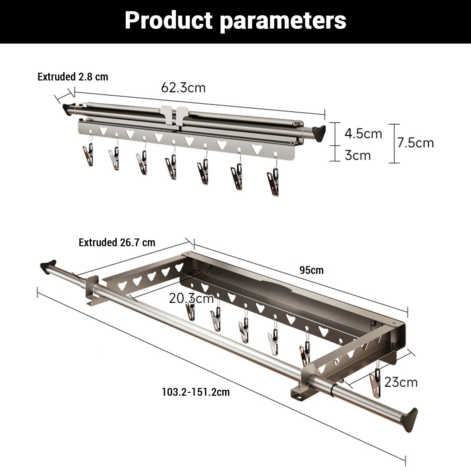 Asciugatrice da parete Garvee, estensibile 62,3-115 cm, bianco, salvaspazio, con 7 clip, per uso interno ed esterno