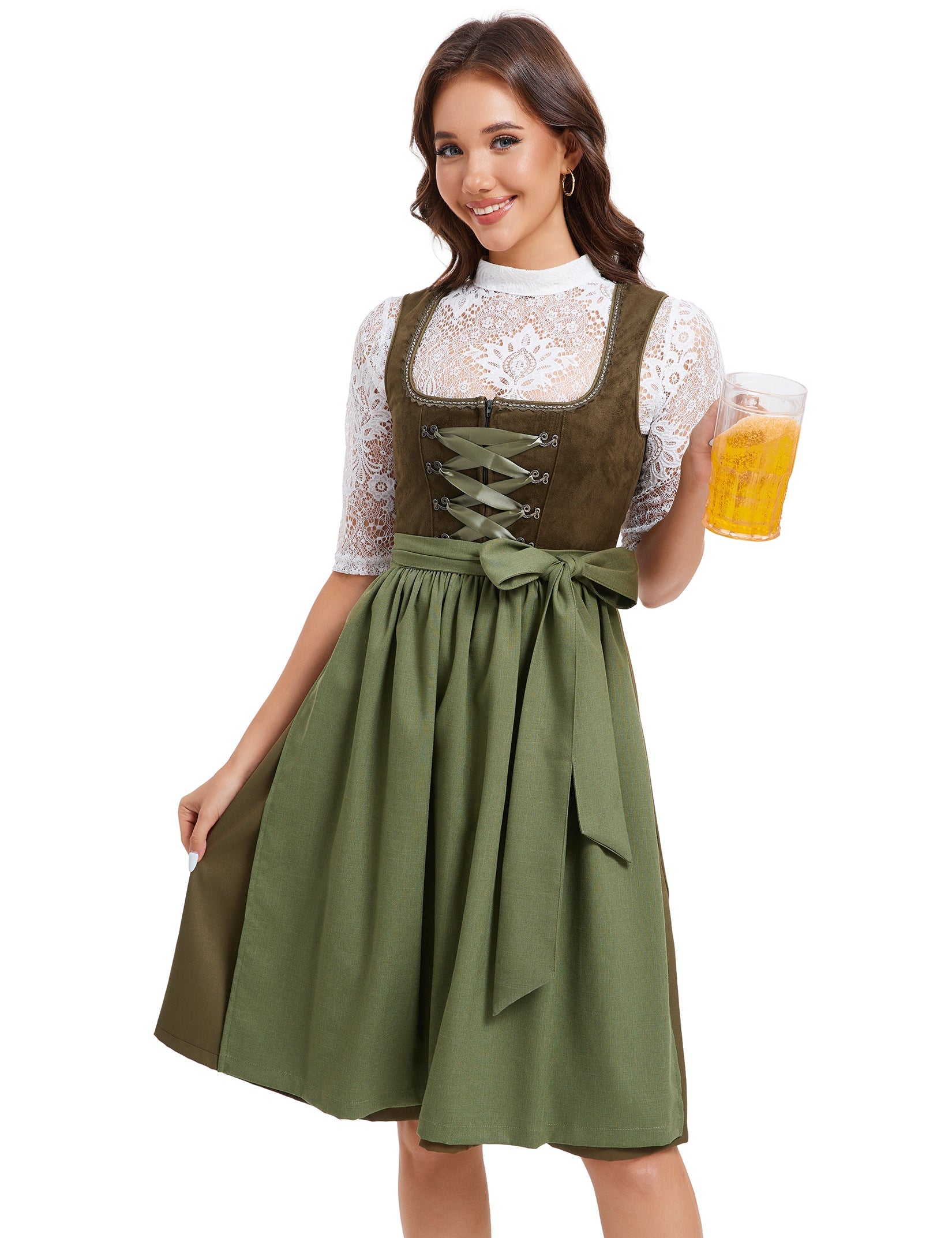 Garvee Dirndl Midi Dirndl da donna, set completo da 3 pezzi, abbigliamento tradizionale per l'Oktoberfest, taglie 36-48, verde militare