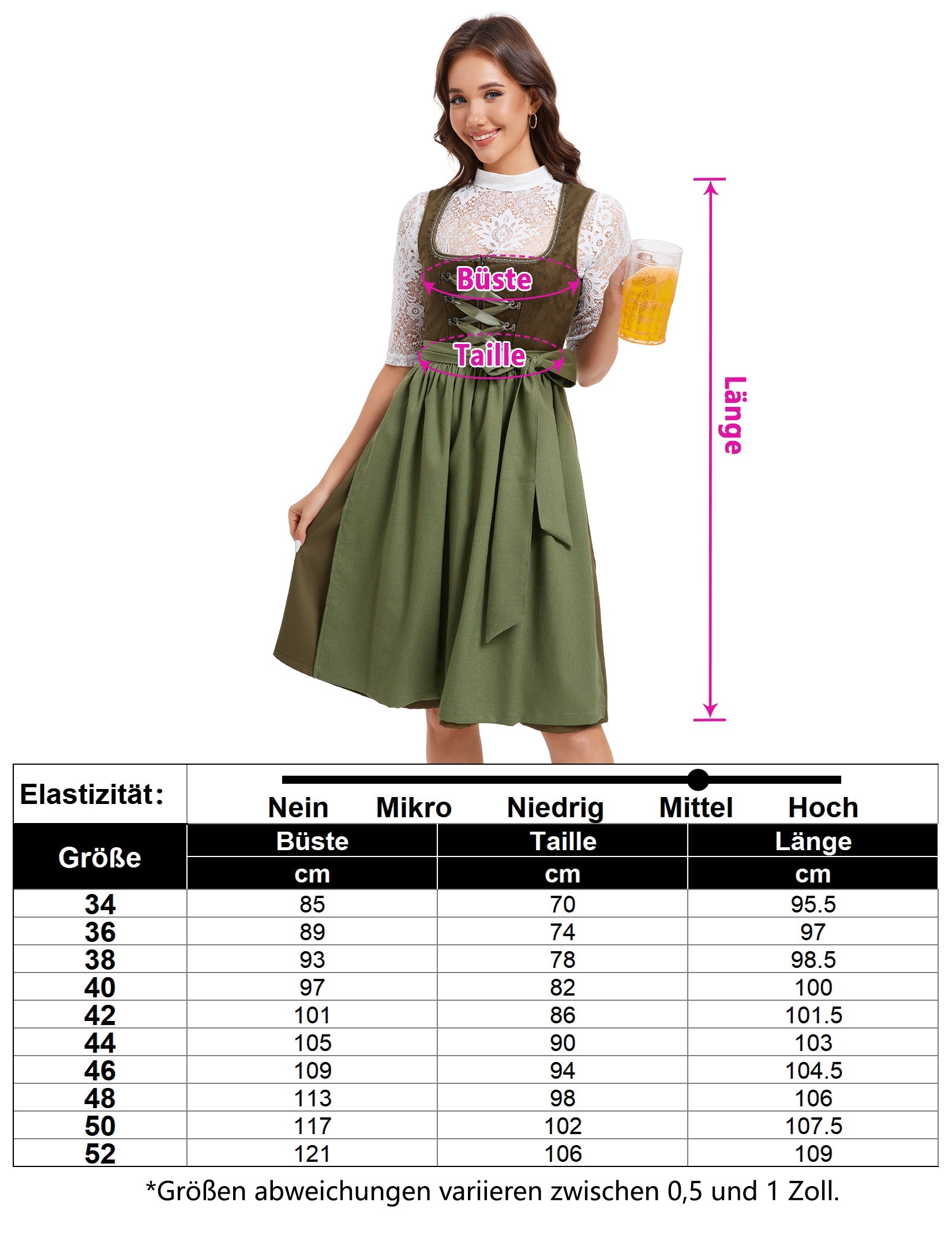 Garvee Dirndl Midi Dirndl da donna, set completo da 3 pezzi, abbigliamento tradizionale per l'Oktoberfest, taglie 36-48, verde militare