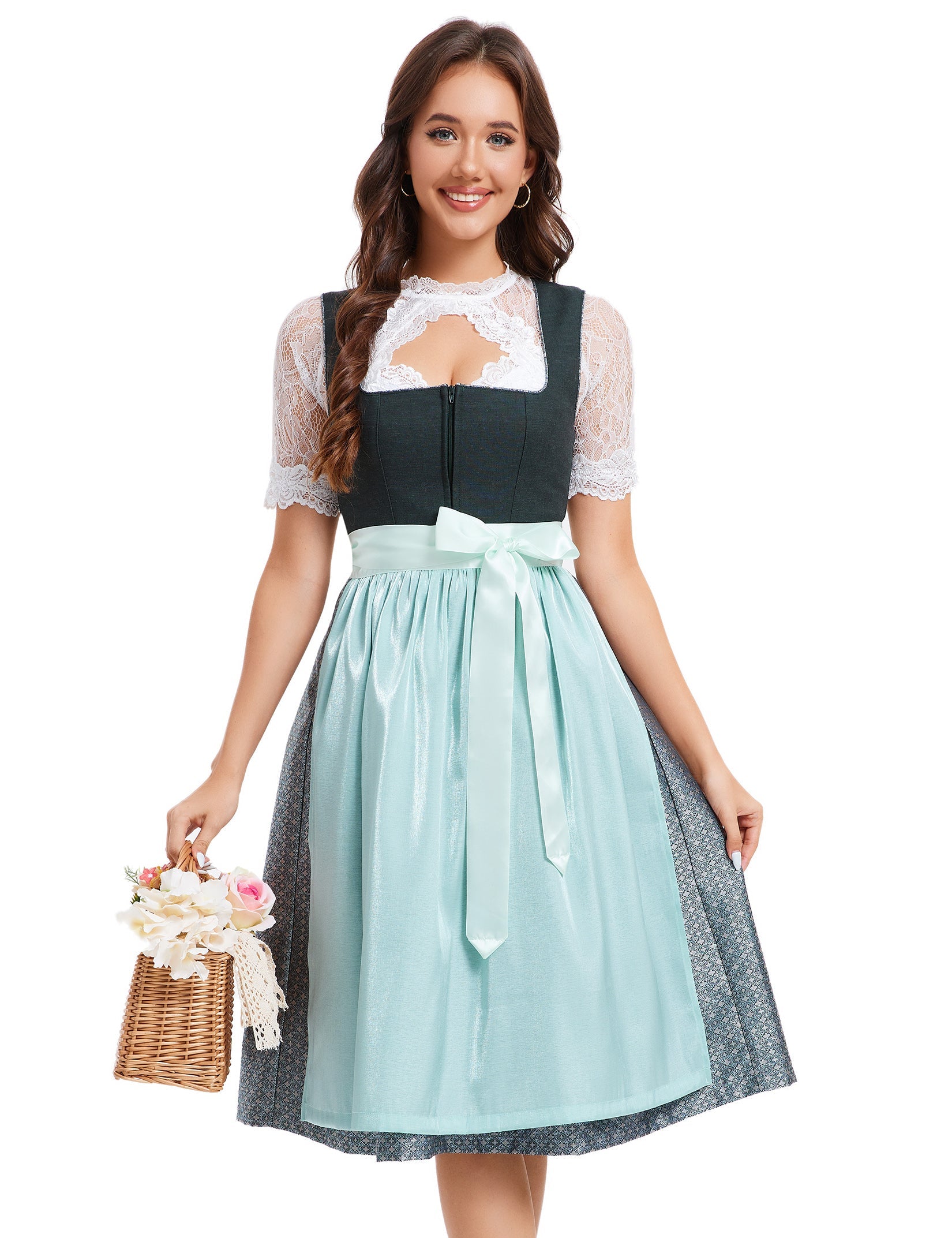 Garvee Dirndl - Abito tradizionale midi da donna, in jacquard, stile tradizionale, set da 3 pezzi per l'Oktoberfest, verde scuro, taglia 48