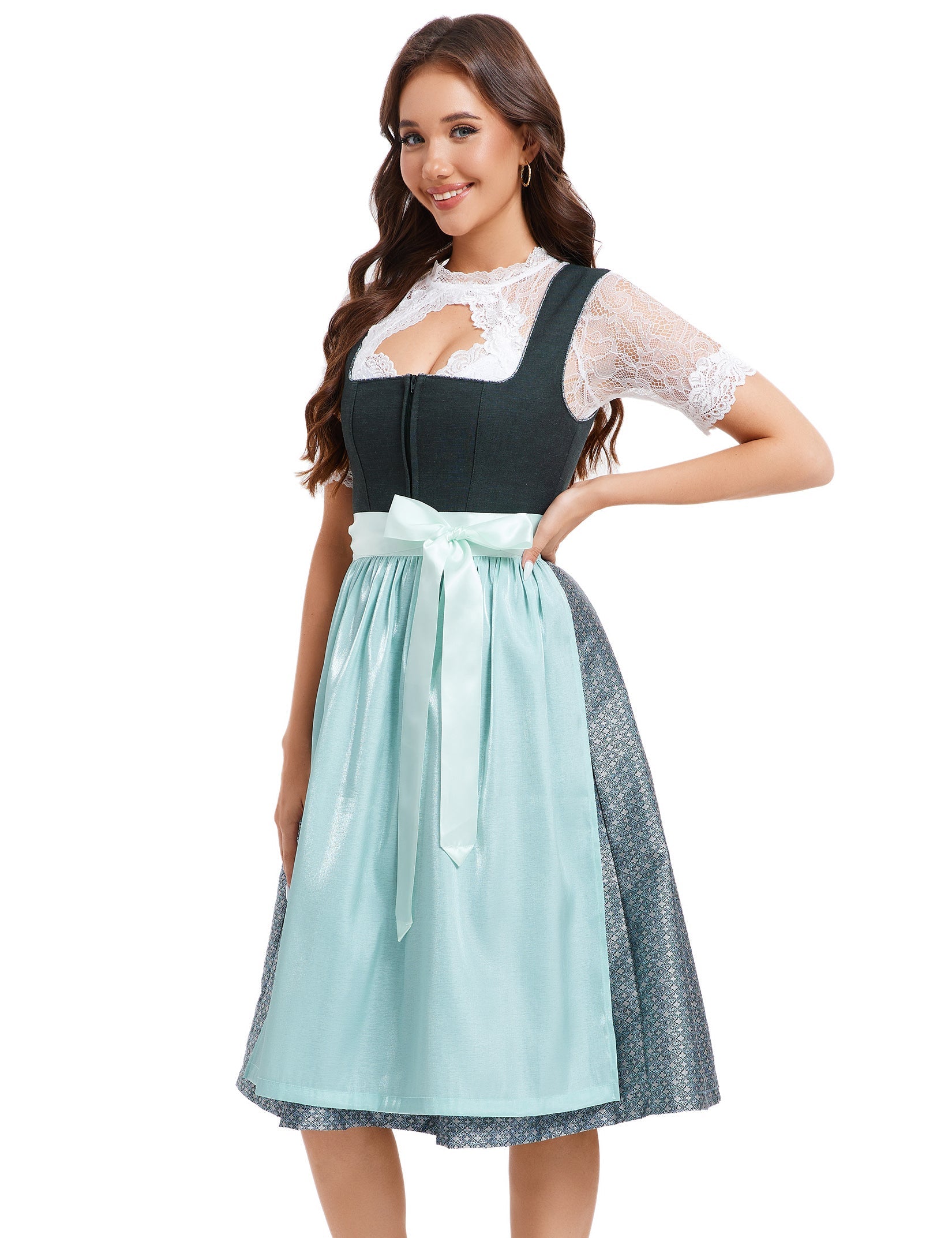 Garvee Dirndl - Abito tradizionale midi da donna, in jacquard, stile tradizionale, set da 3 pezzi per l'Oktoberfest, verde scuro, taglia 48