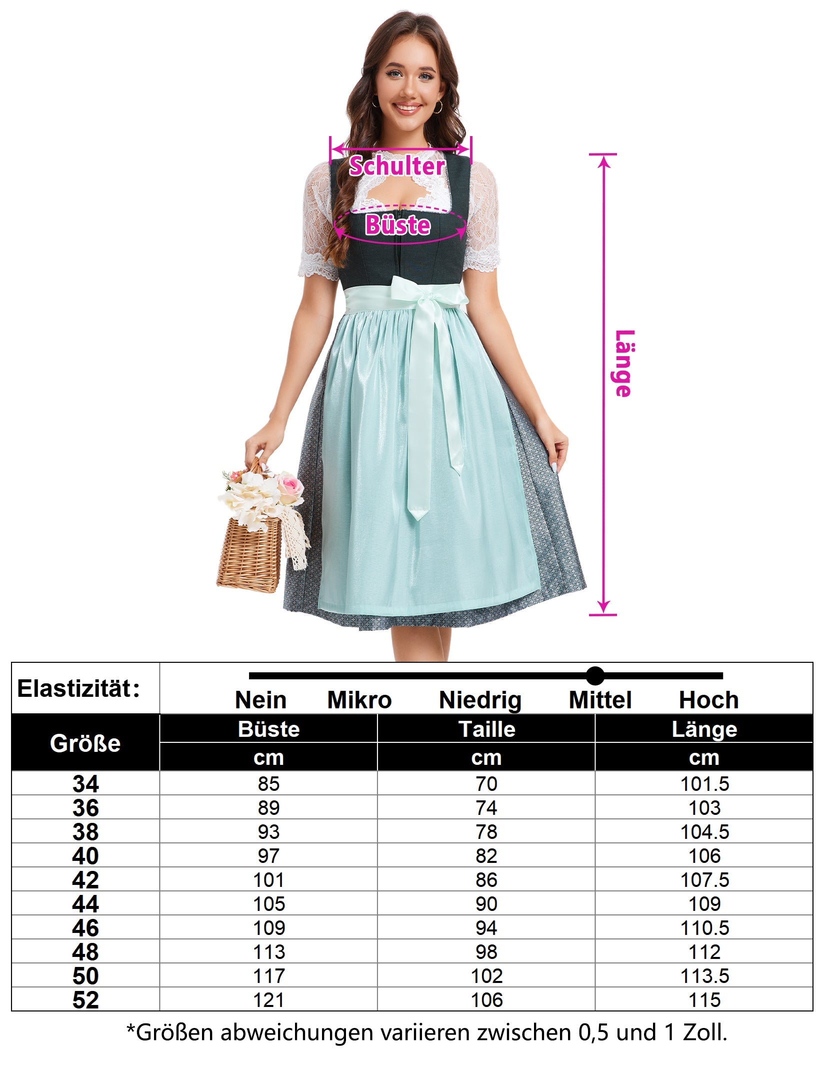 Garvee Dirndl - Abito tradizionale midi da donna, in jacquard, stile tradizionale, set da 3 pezzi per l'Oktoberfest, verde scuro, taglia 48