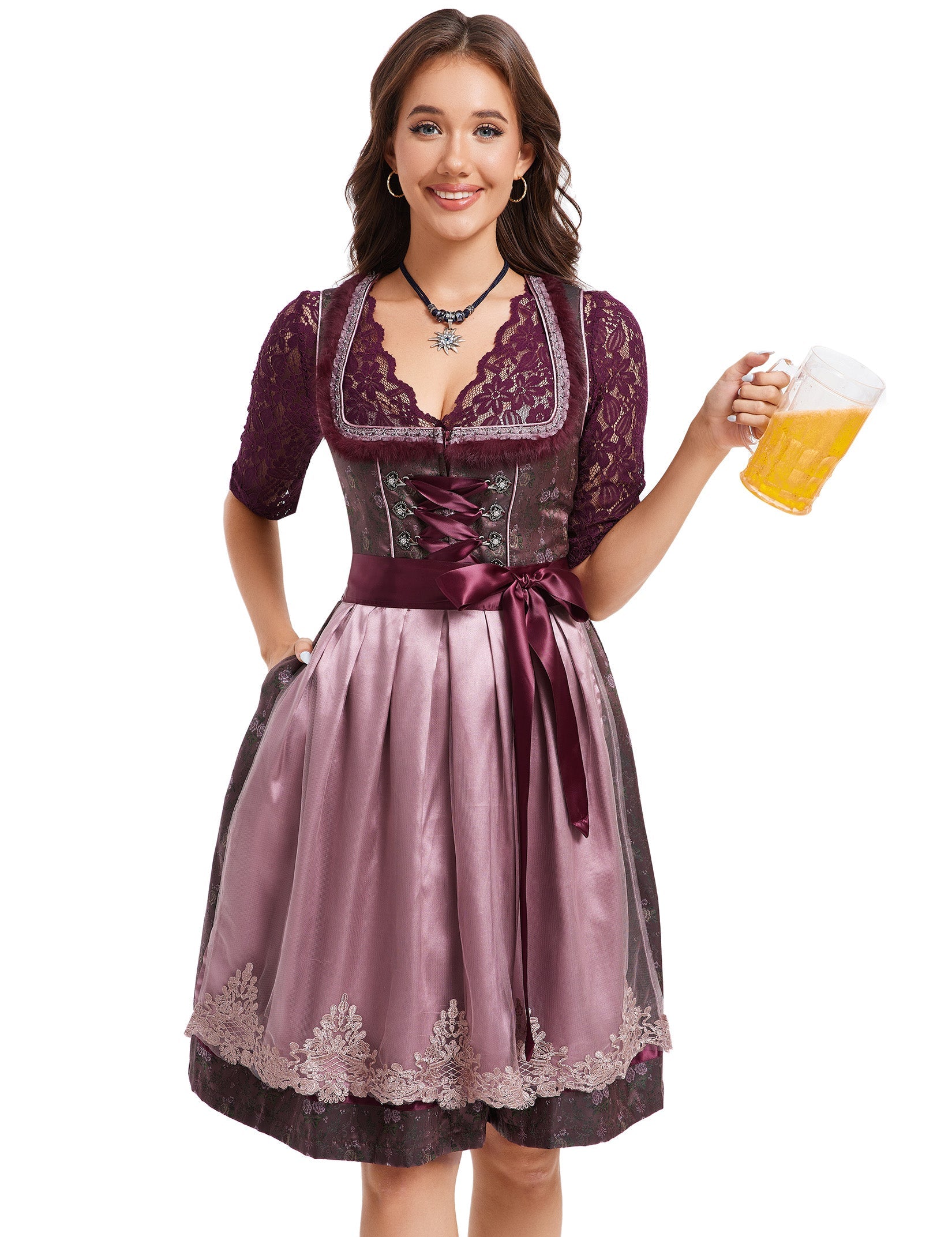 Garvee Dirndl Abito tradizionale da donna, gonna tradizionale jacquard rosso vino, abito Oktoberfest 36, rosso bordeaux, rosa scuro