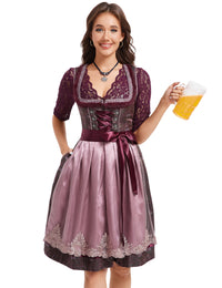 Garvee Dirndl Abito tradizionale da donna, gonna tradizionale jacquard rosso vino, abito Oktoberfest 36, rosso bordeaux, rosa scuro