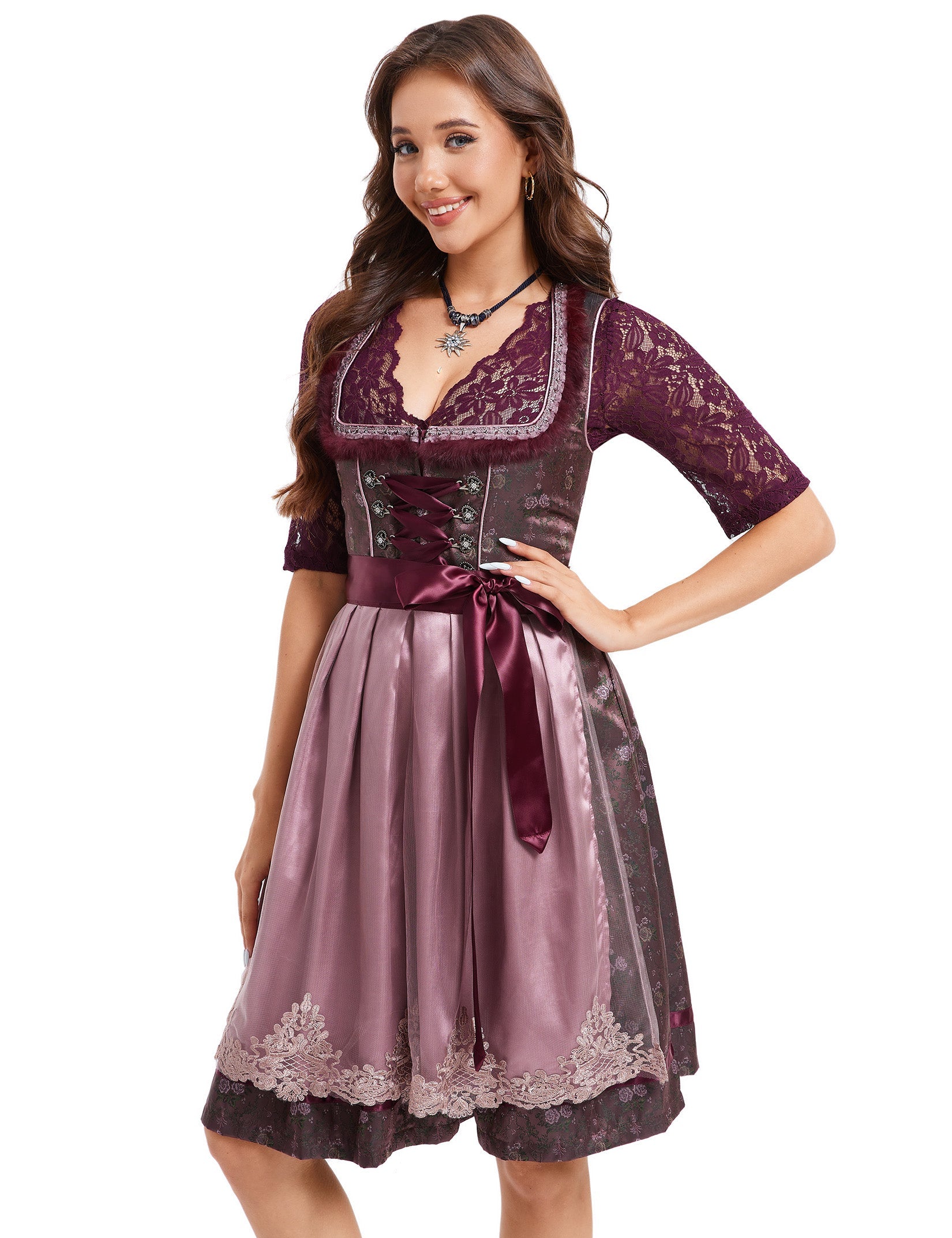 Garvee Dirndl Abito tradizionale da donna in jacquard rosso vino Dirndl Abito midi Oktoberfest Taglia 48 Rosso Bordeaux Rosa scuro