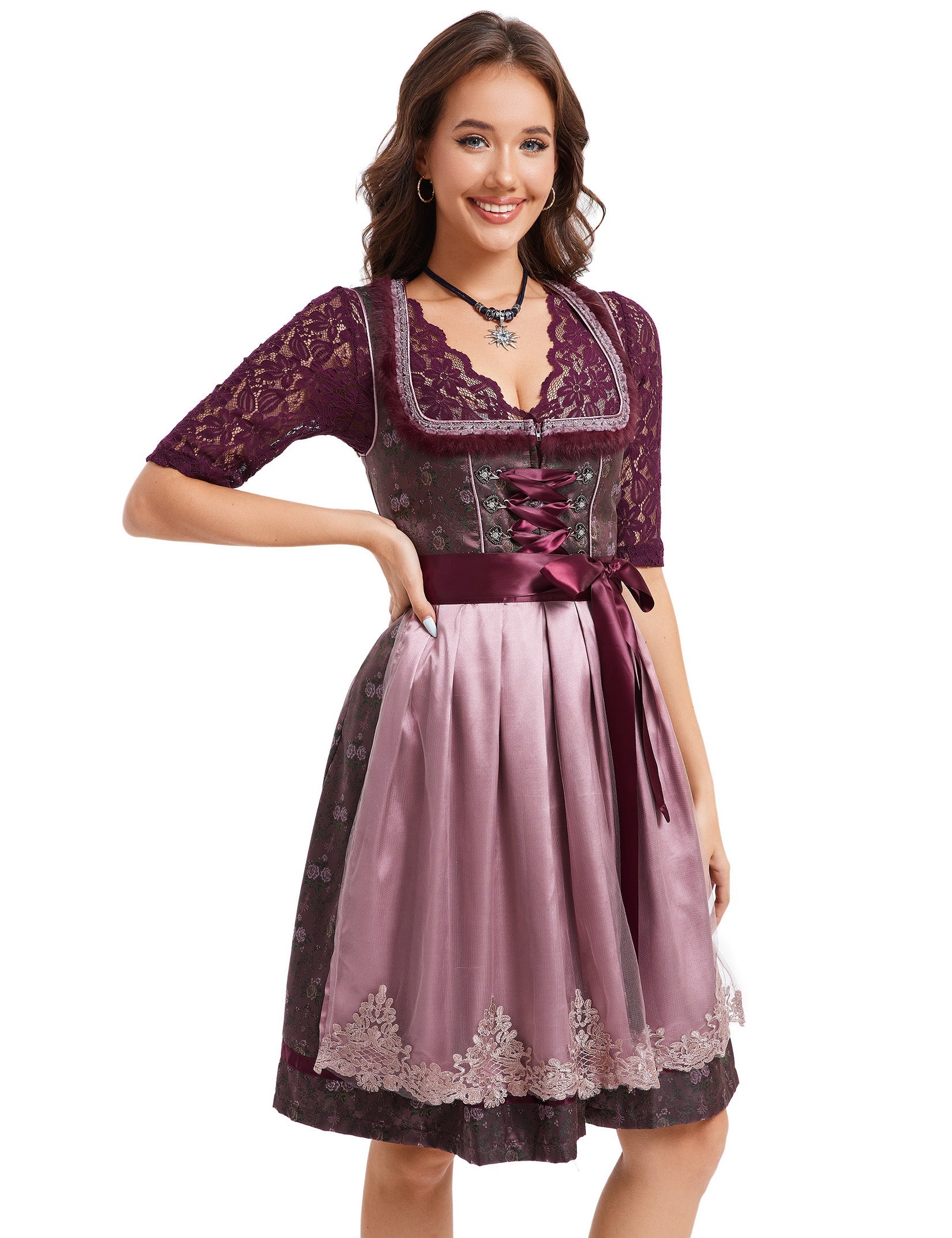 Garvee Dirndl Abito tradizionale da donna, gonna tradizionale jacquard rosso vino, abito Oktoberfest 36, rosso bordeaux, rosa scuro