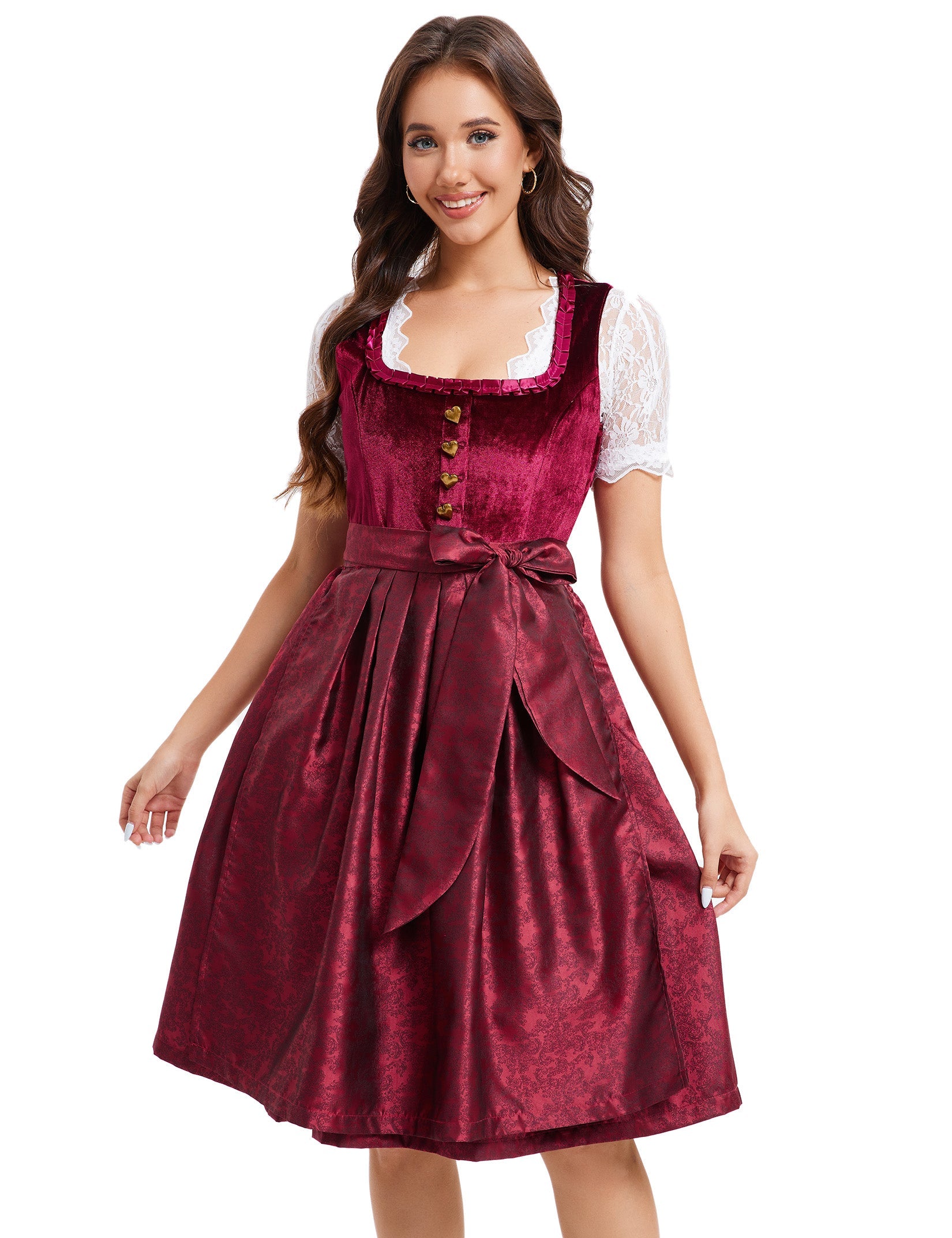 Garvee Dirndl Abito tradizionale da donna in velluto midi, Dirndl, vestito Oktoberfest, bordeaux, taglia 46