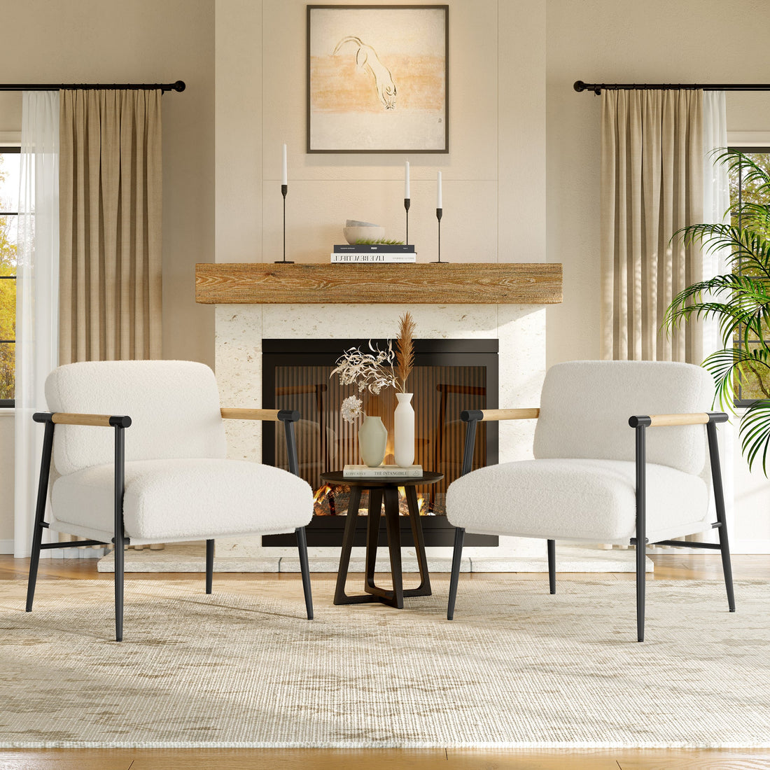 Sedia moderna Garvee Comfy Chair con struttura in metallo e anima a molle, tessuto Teddy, braccioli in legno, piedini regolabili per soggiorno/camera da letto