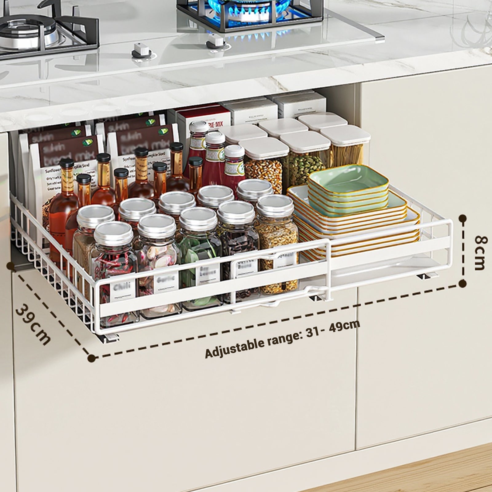 Garvee Organizer espandibile per mobiletto estraibile per cucina e bagno, larghezza regolabile 31-49 cm, nero, acciaio al carbonio
