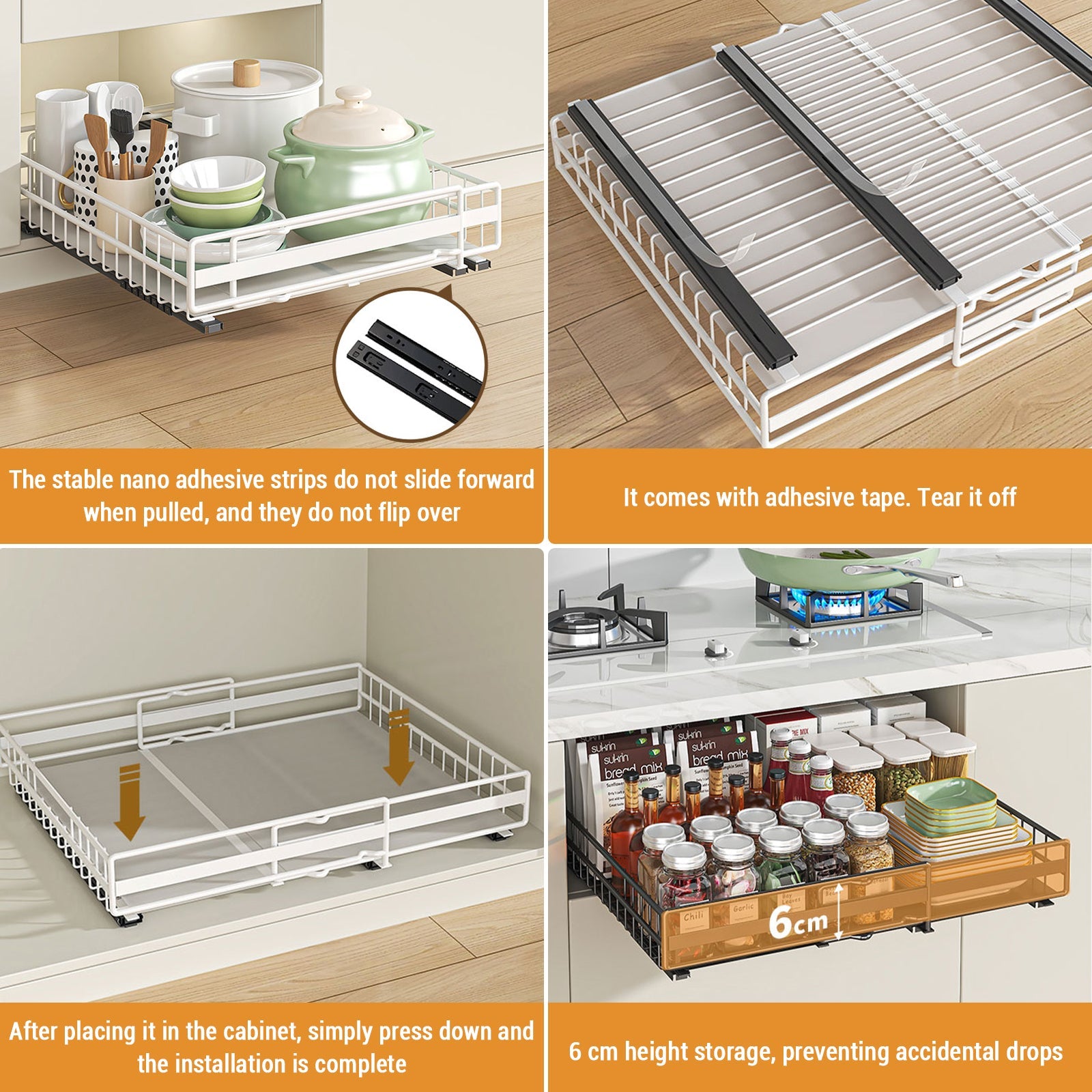 Garvee Organizer estensibile per armadietti con 3 guide regolabili, acciaio al carbonio, per cucina e bagno, 31-49 cm, nero