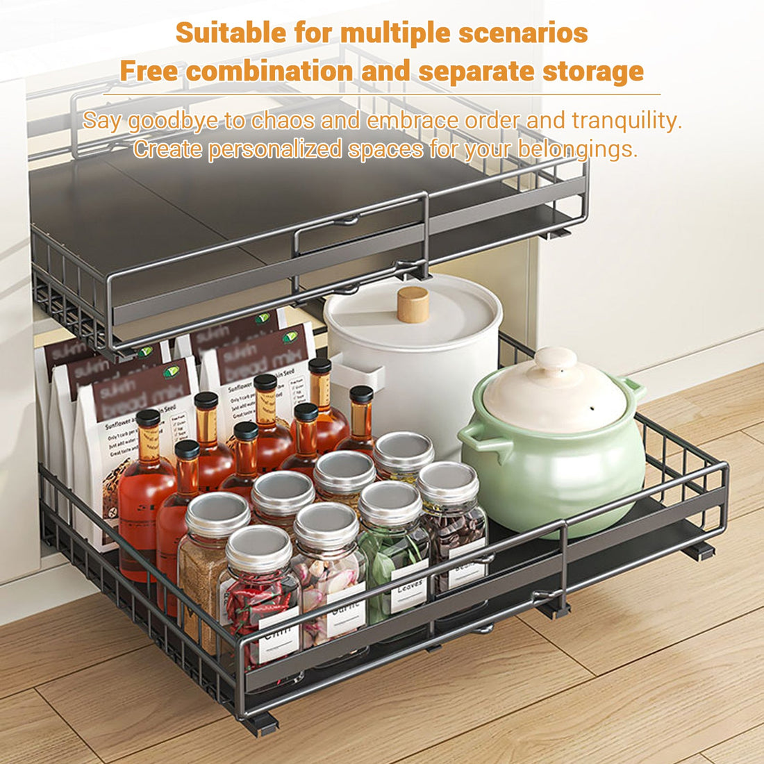 Garvee Organizer espandibile per mobiletto estraibile per cucina e bagno, larghezza regolabile 31-49 cm, nero, acciaio al carbonio