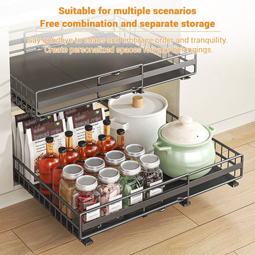 Garvee Organizer espandibile per mobiletto estraibile per cucina e bagno, larghezza regolabile 31-49 cm, nero, acciaio al carbonio